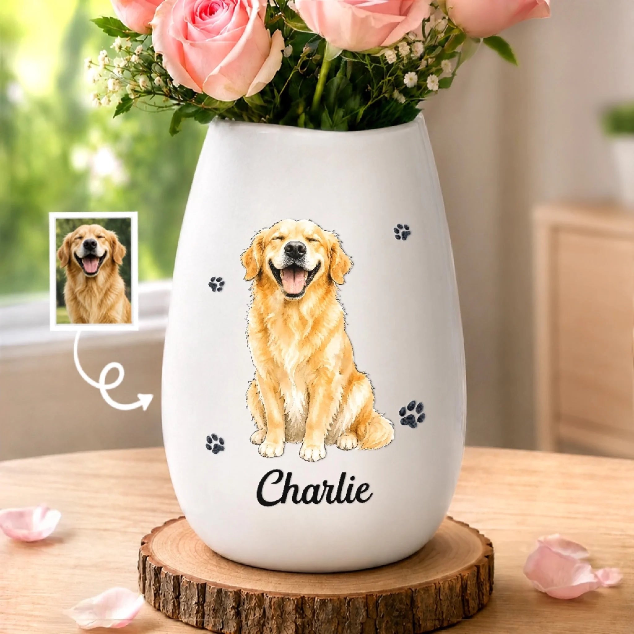 Custom Photo Oval Ceramic Flower Vase, Personalized Gift for Dog Cat Lovers, Pet Mom or Dad