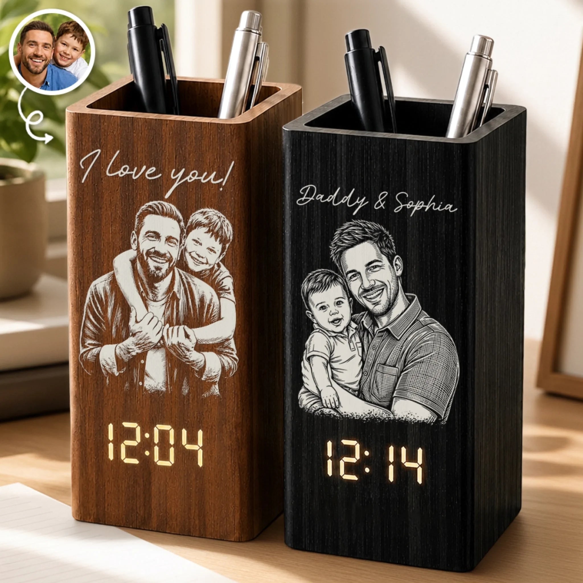 Custom Photo Pen Holder with Clock, Personalized Father's Day Birthday Gift for Dad or Grandpa