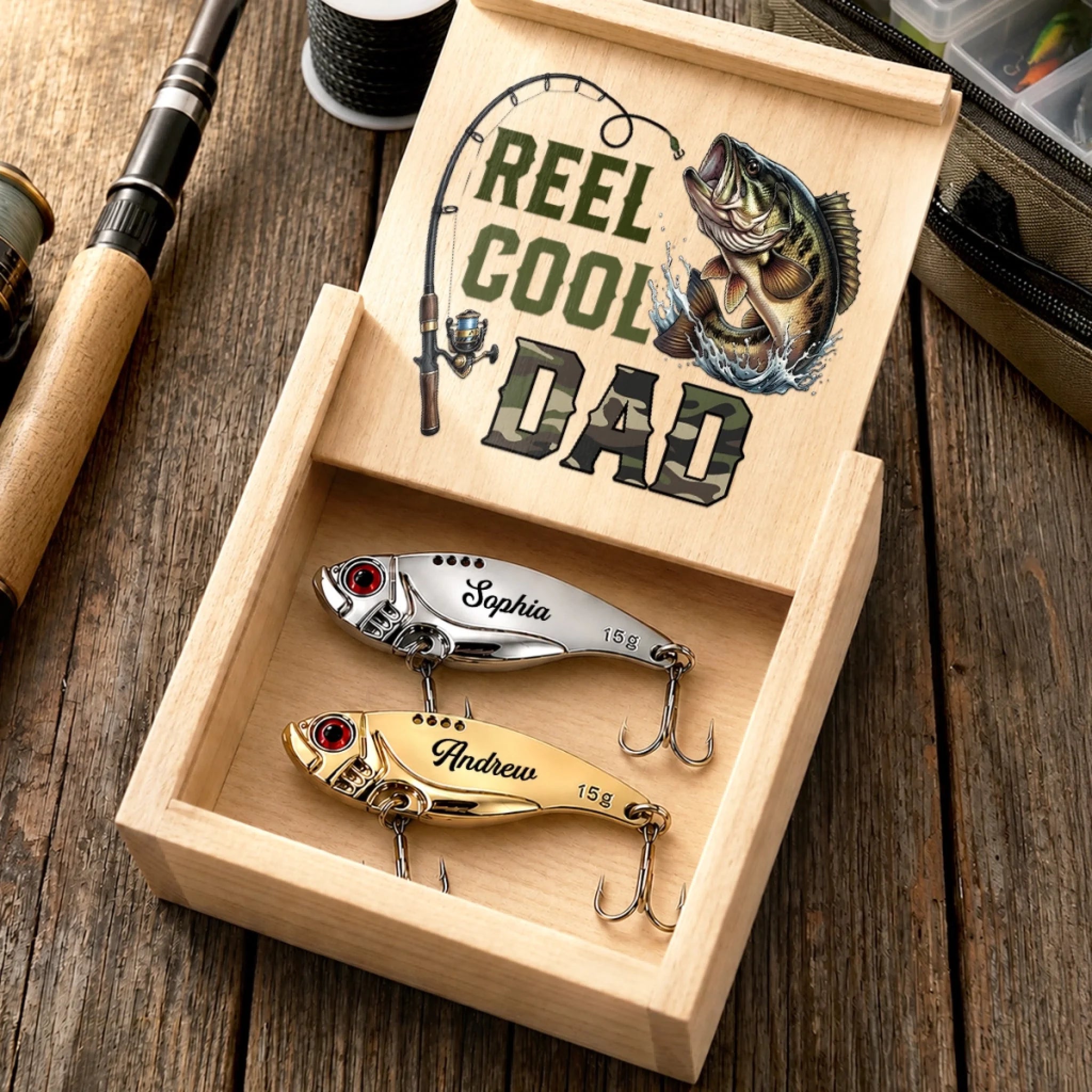 Custom Fishing Lure Gift Box for Dad or Grandpa, Personalized Father’s Day Fisherman Gift