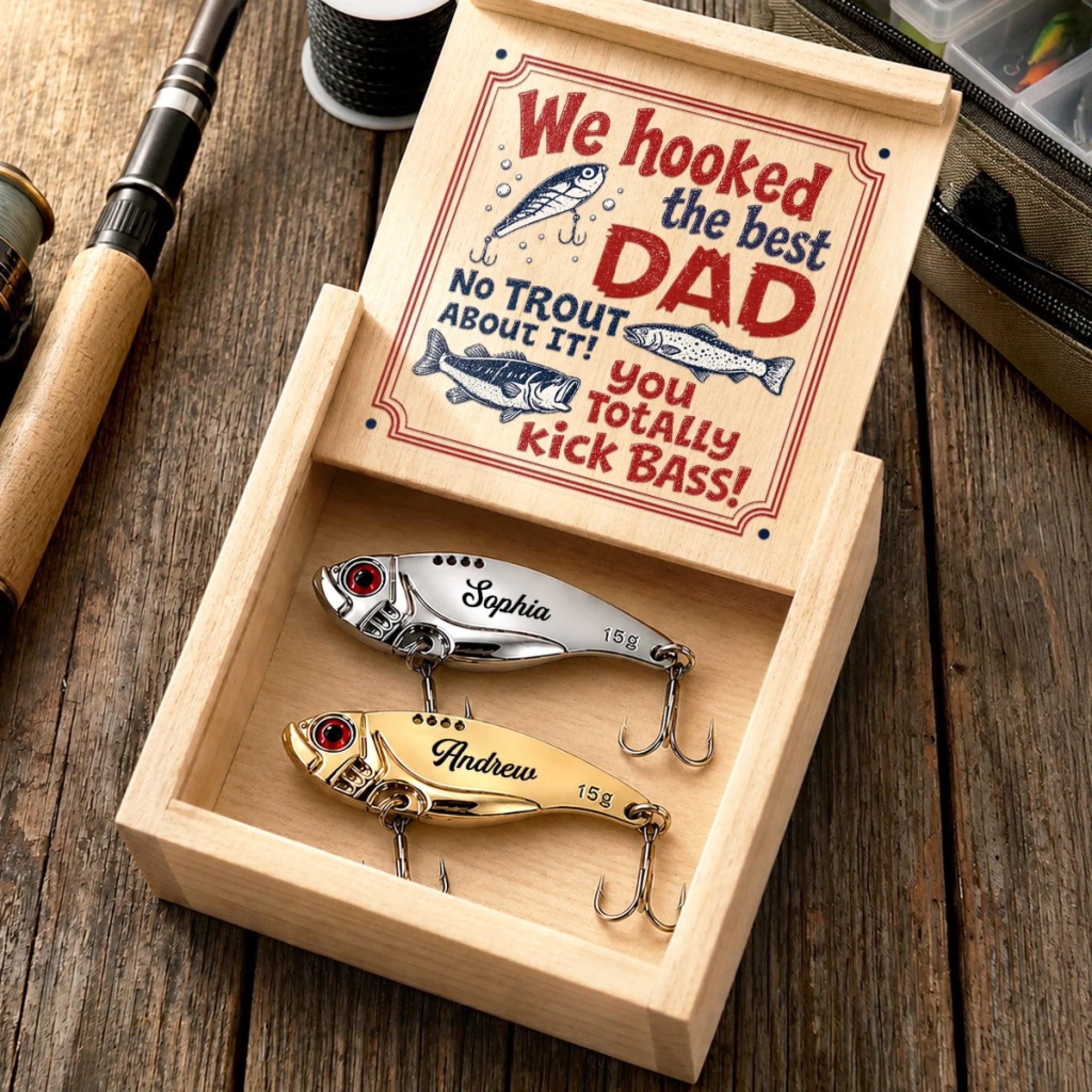 Custom Fishing Lure Gift Box Personalized Father's Day Gift for Fisherman Dad or Grandpa