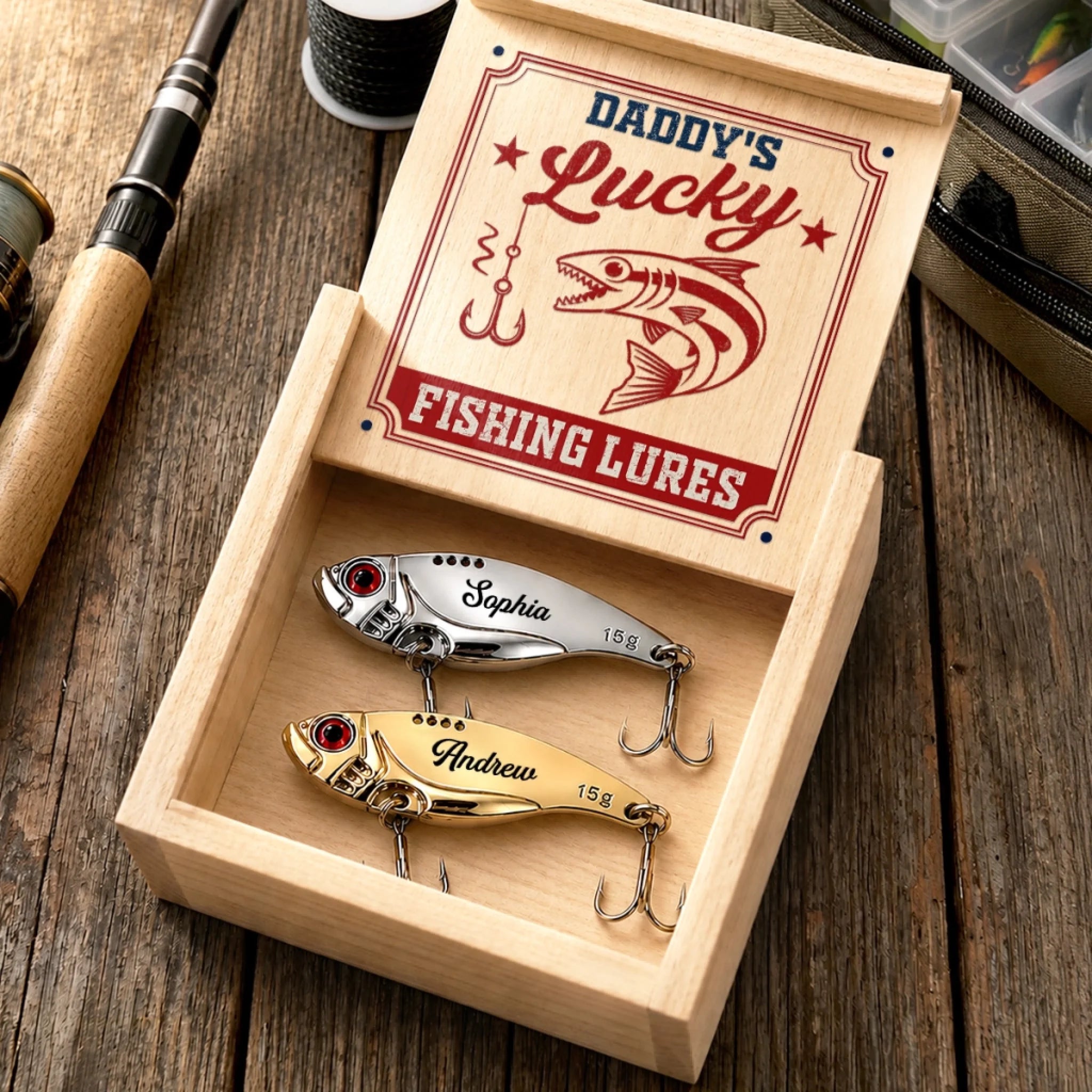 Custom Fishing Lure Gift Box Personalized Father's Day Gift for Fisherman Dad or Grandpa