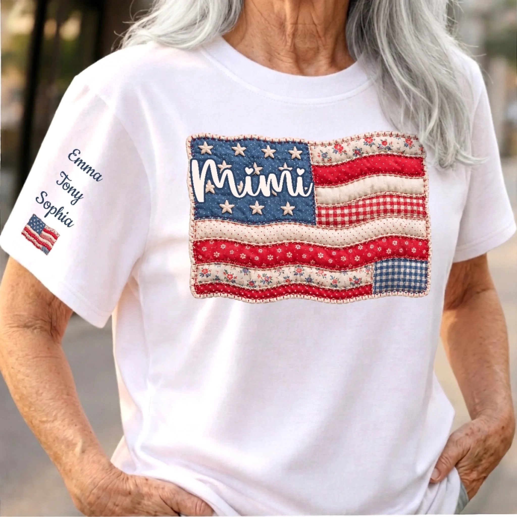 Custom Unisex T-Shirt with Sleeve Design, Personalized 4th of July Gift for Mom or Grandma
