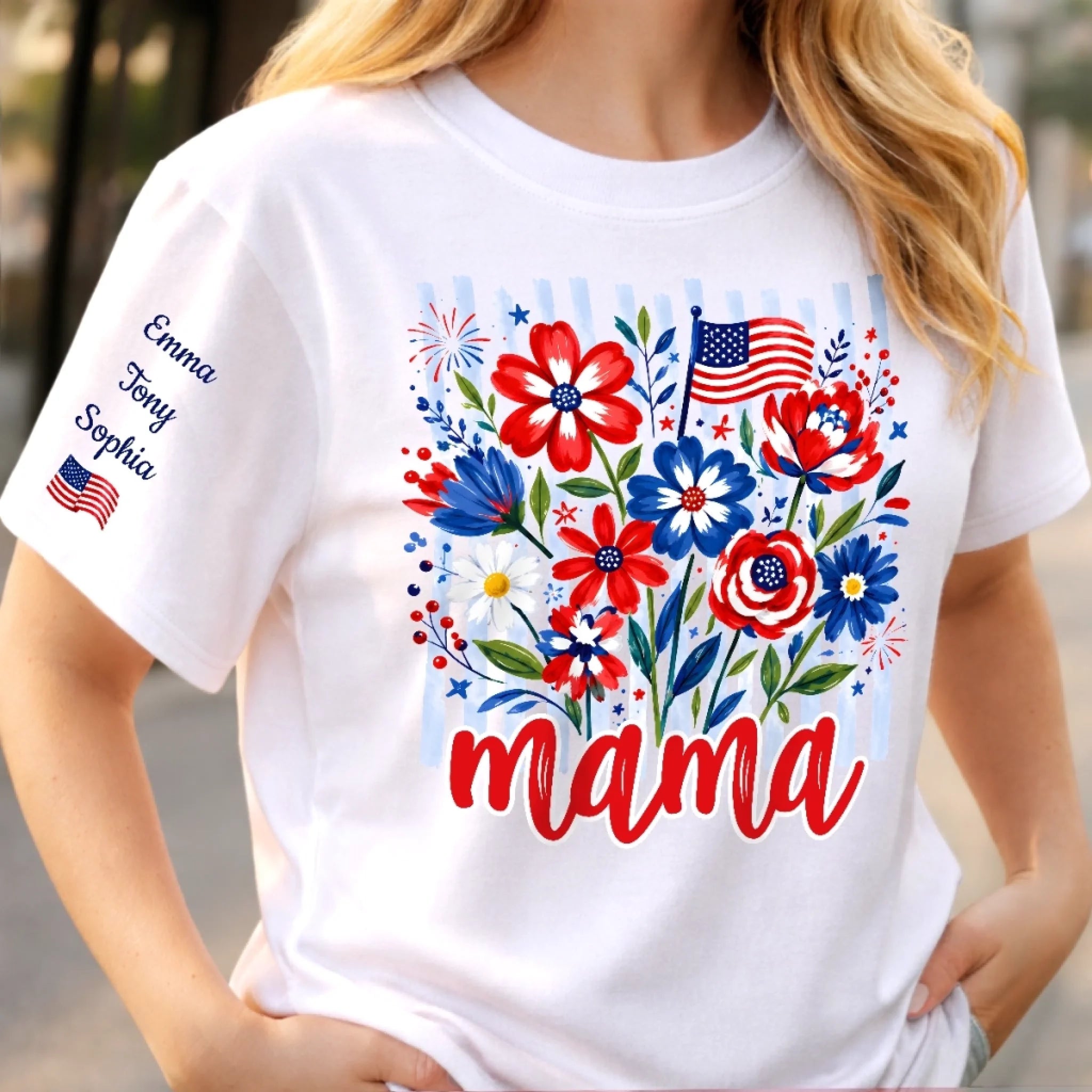 Custom Unisex T-Shirt with Sleeve Design, Personalized 4th of July Gift for Mom or Grandma