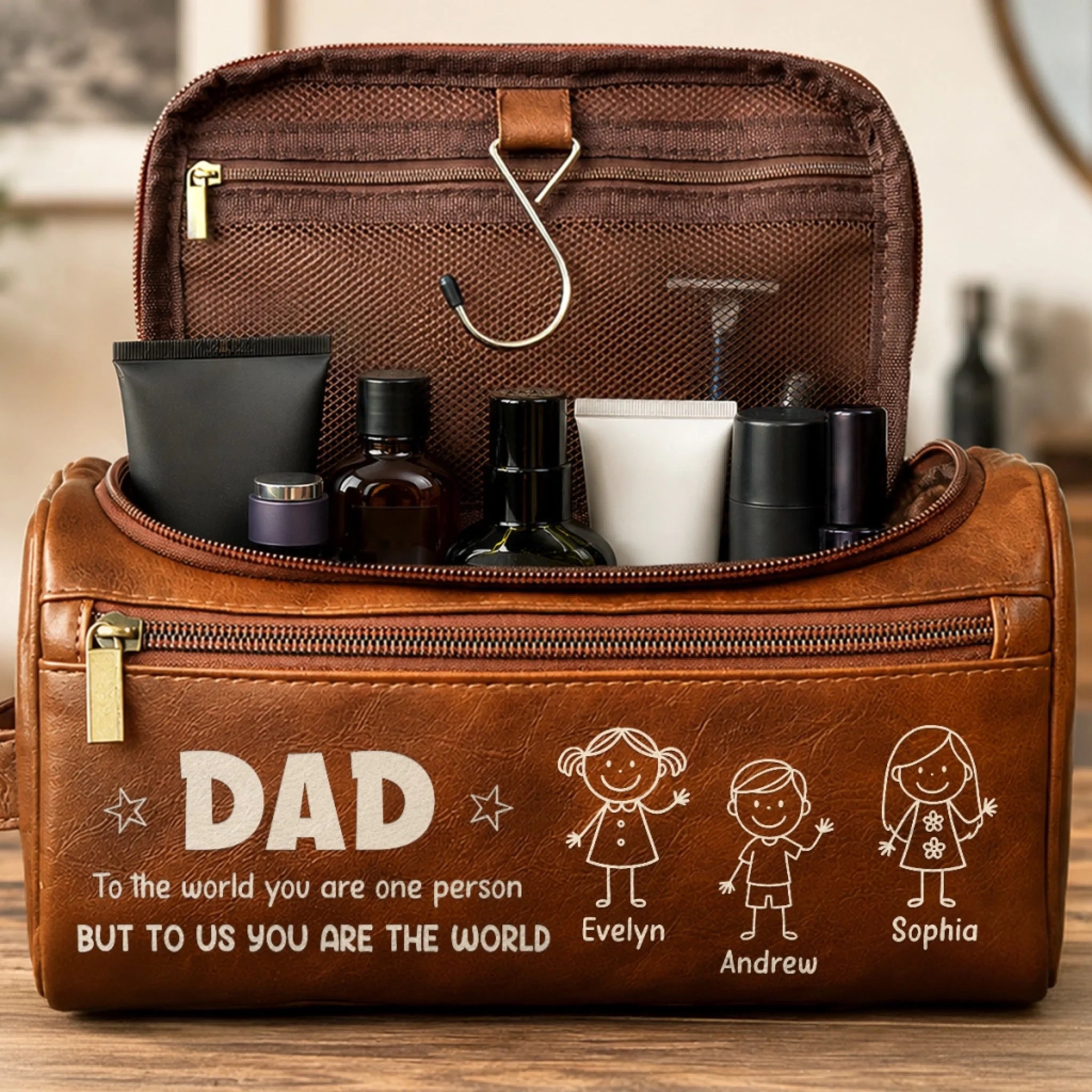 Personalized Leather Toiletry Bag for Dad, Custom Dopp Kit Father’s Day Birthday Gift