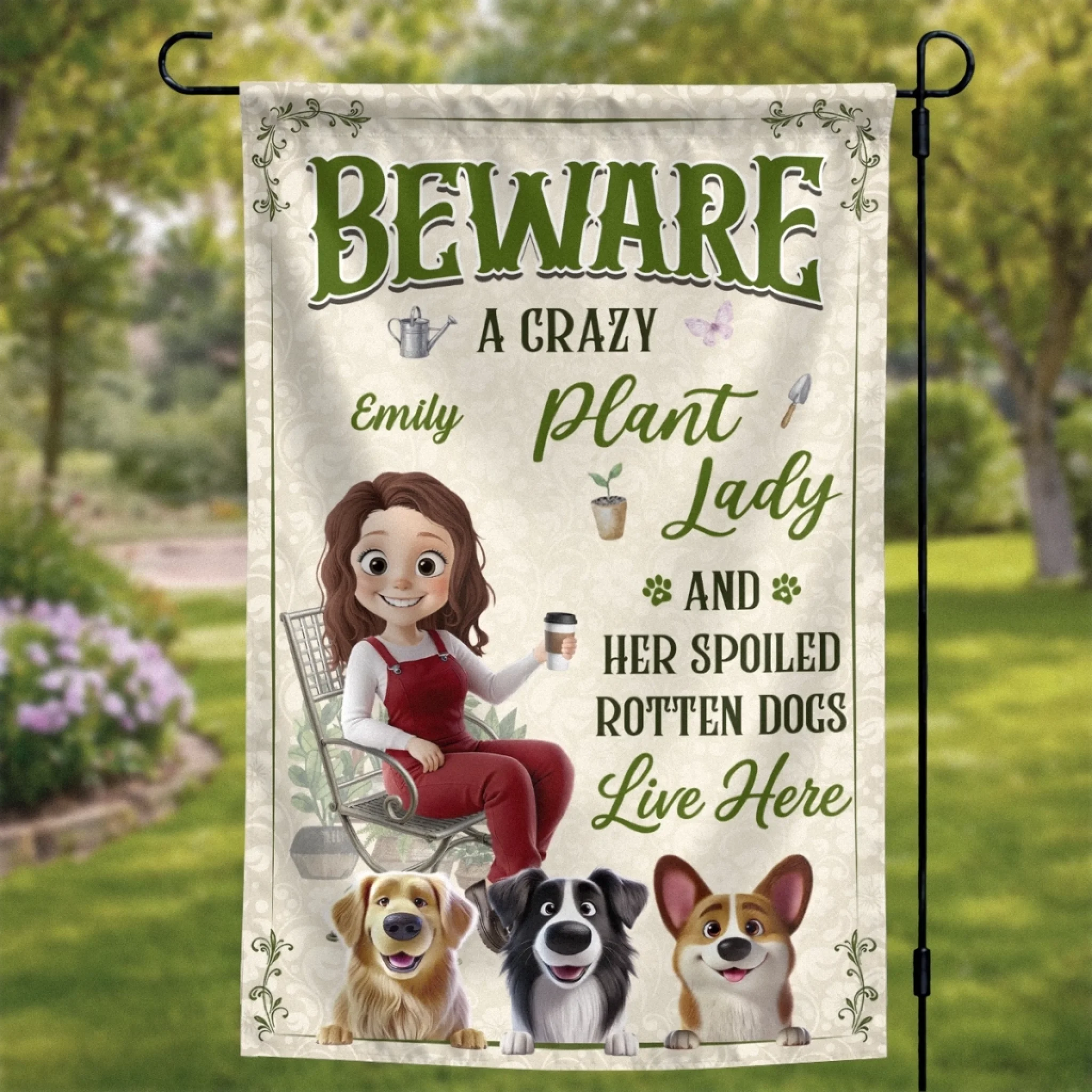 Custom Birthday Garden Flag for Gardeners and Dog Lovers, Personalized Her Spoiled Pups Paradise Gift