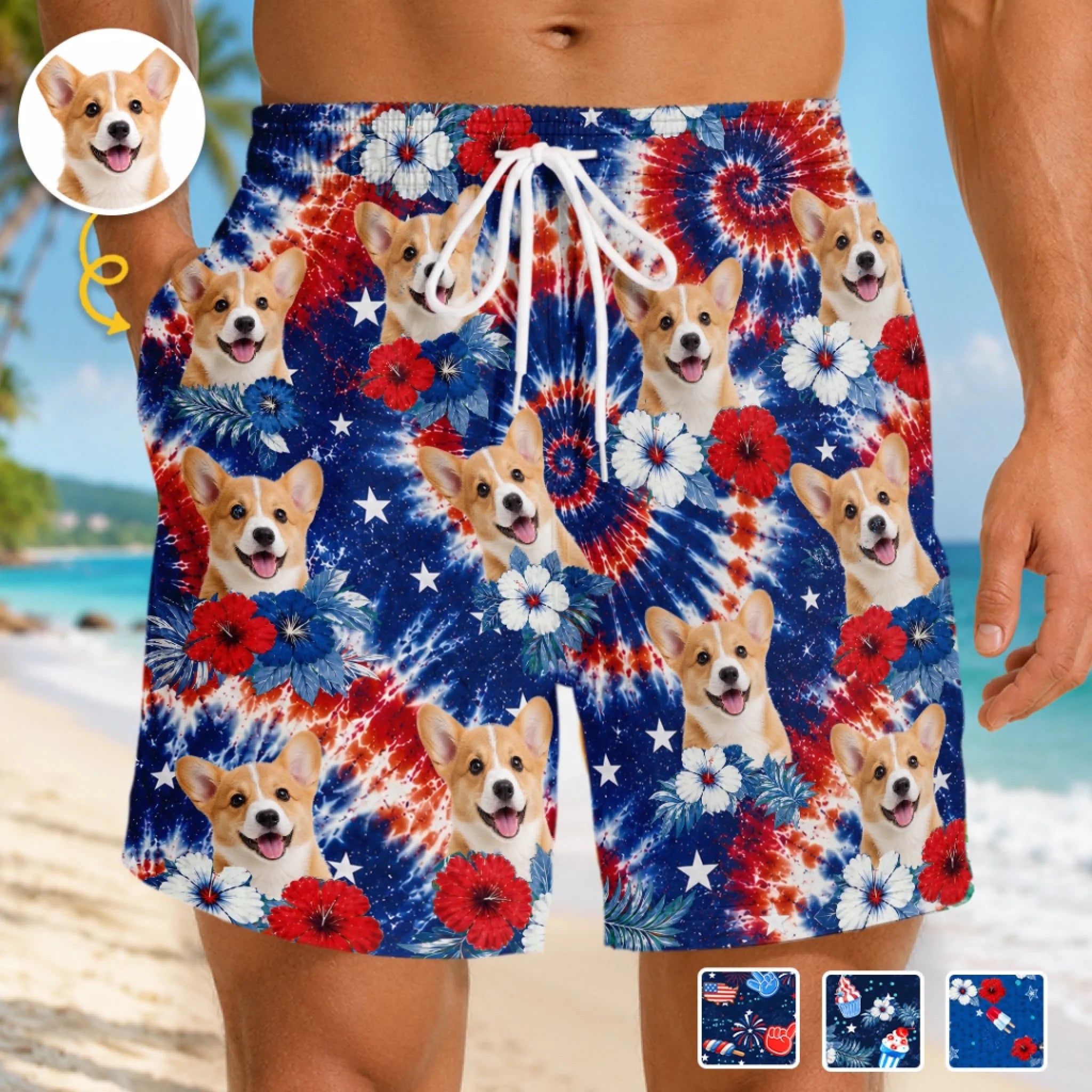 Custom Photo Tropical Hawaiian Aloha Men’s Beach Shorts, Personalized Pet Lover Vacation Gift