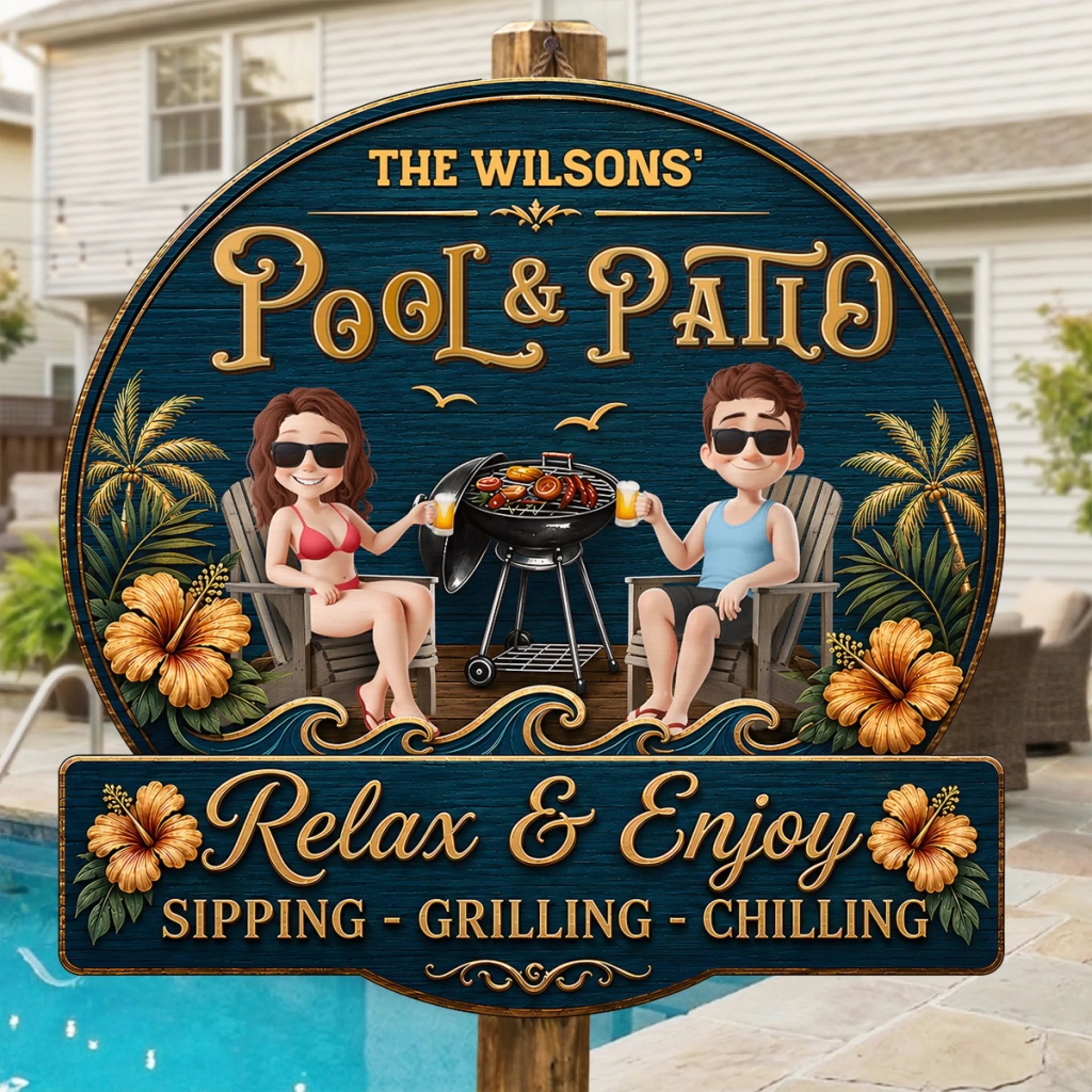 Custom Wood Sign Personalized Summer Travel Gift for Husband and Wife, Welcome to Our Backyard Bar