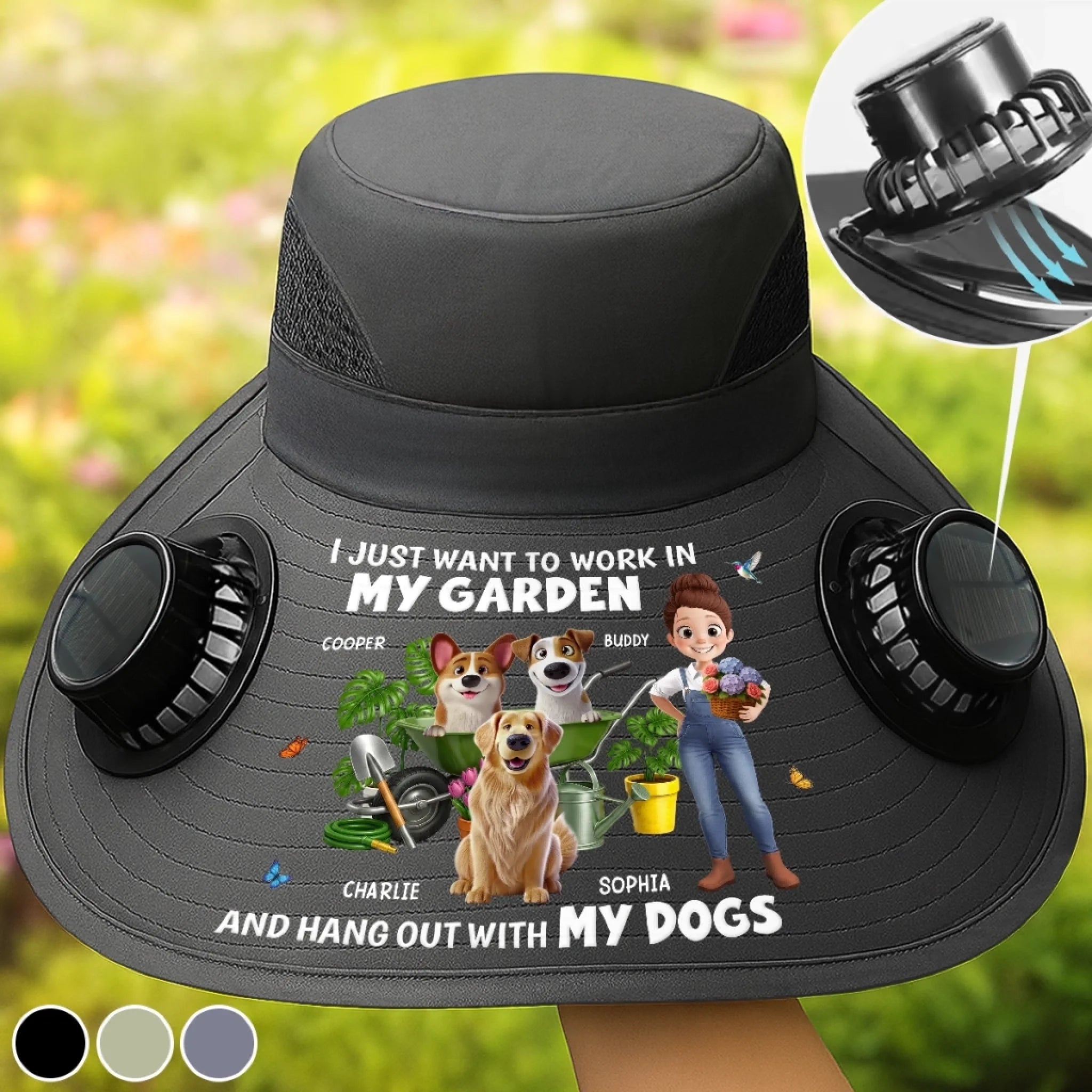 Custom Solar Fan Hat for Gardeners, Dog Moms & Dads - Personalized Furry Gardening Crew Gift