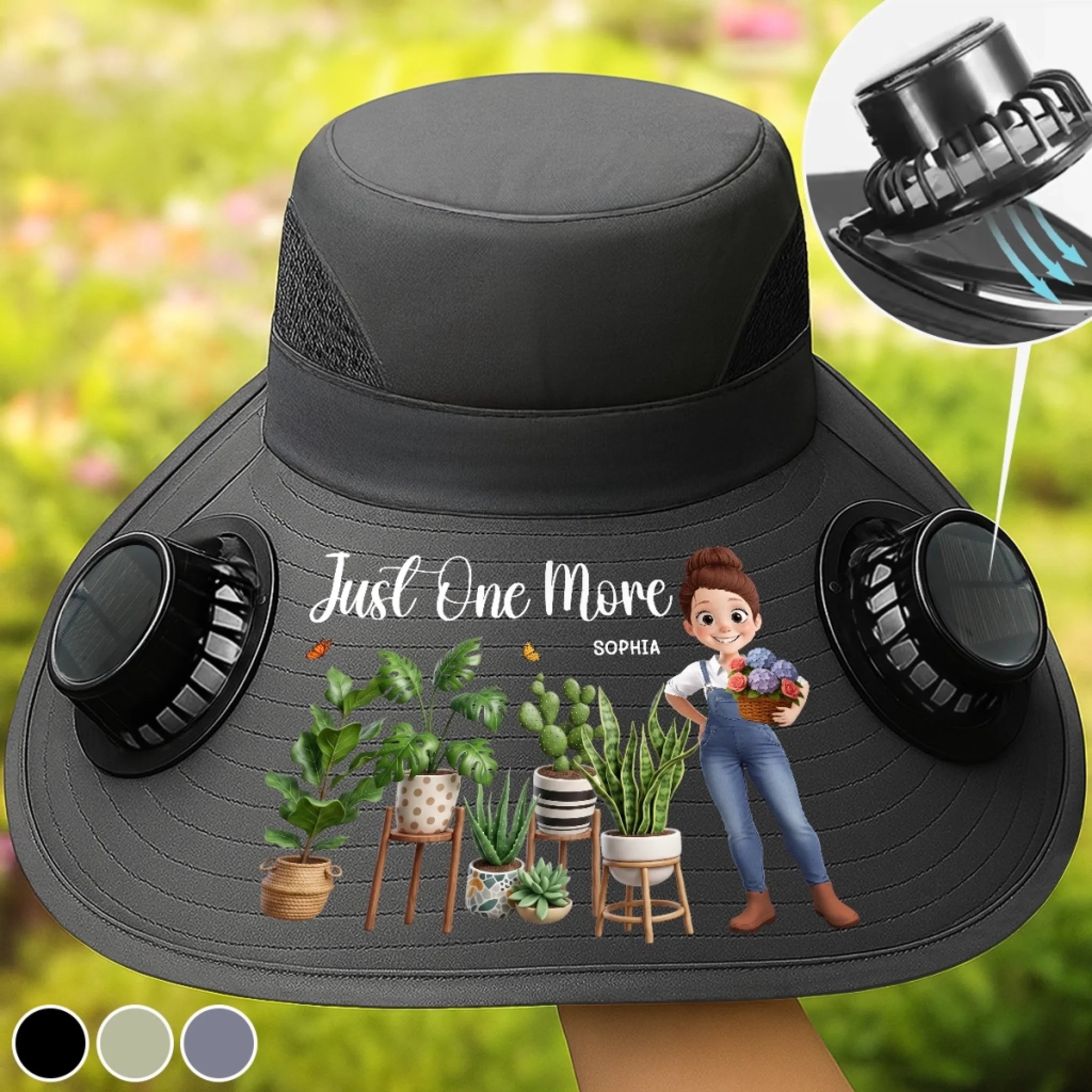 Custom Solar Powered Fan Hat, Personalized Garden Gift for Gardeners, Rooted in Botanical Joy