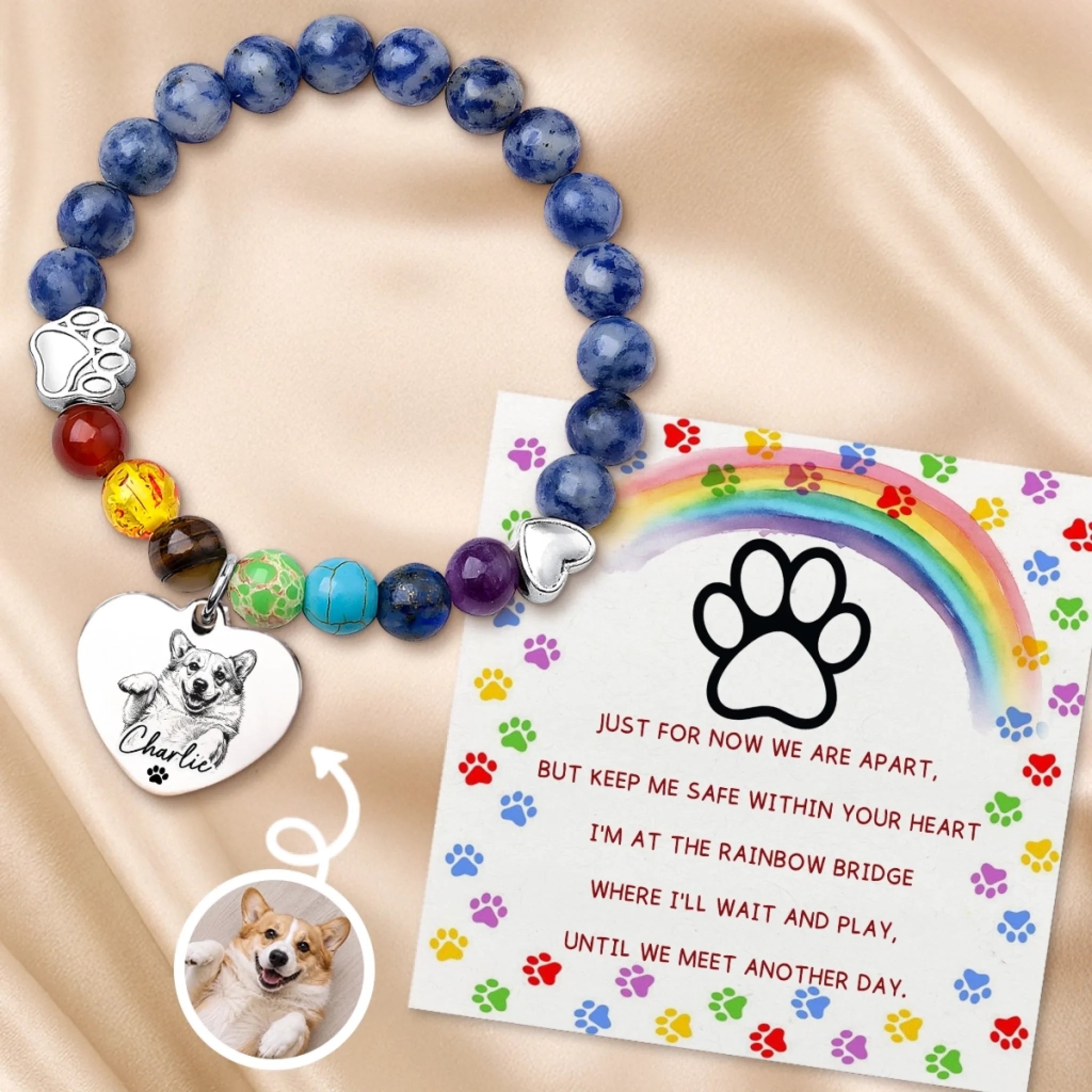 Custom Photo Rainbow Bridge Bracelet Personalized Pet Memorial Sympathy Gift for Dogs and Cats