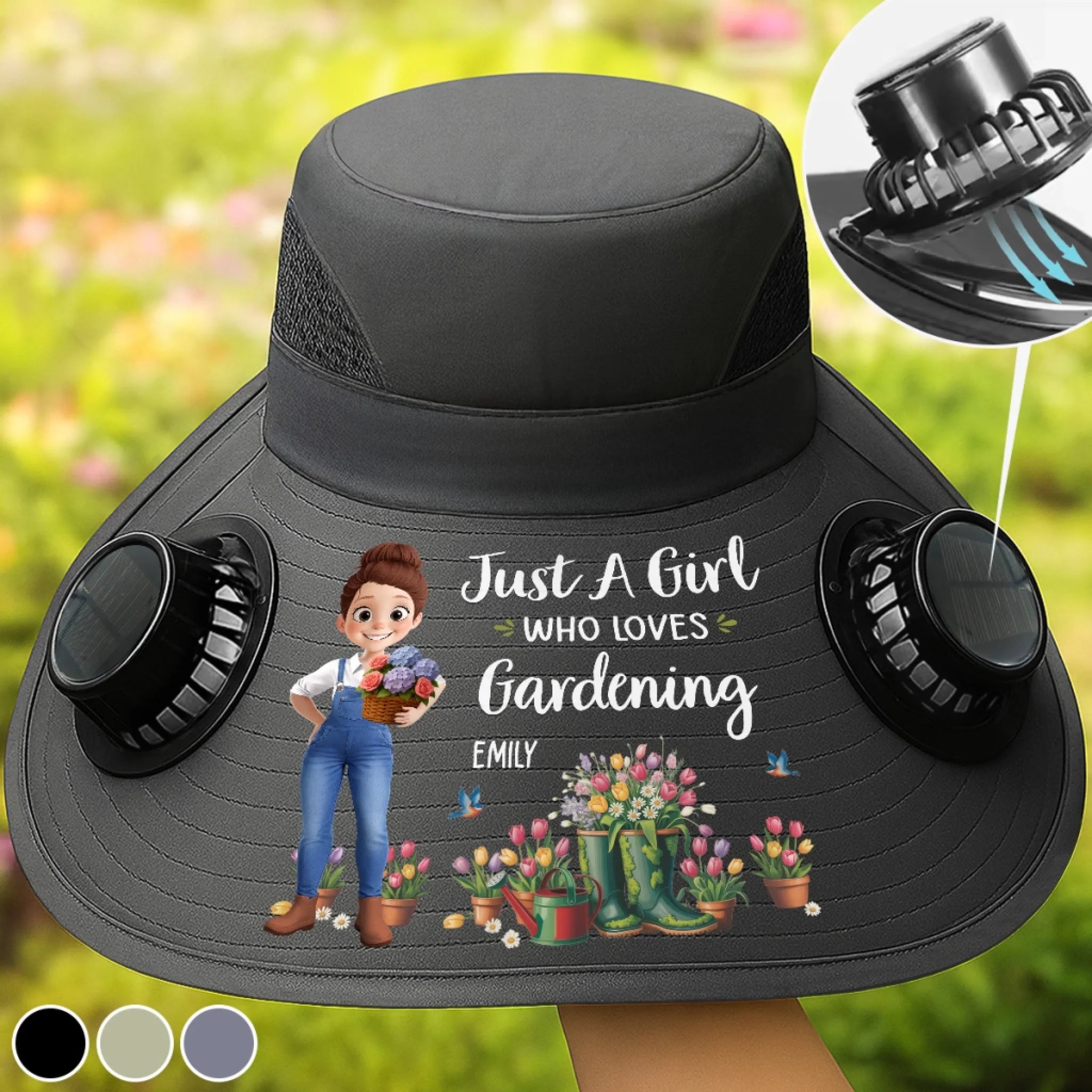 Personalized Solar Powered Fan Hat for Gardeners, Custom Birthday Garden Gift for Her Blooming Green World