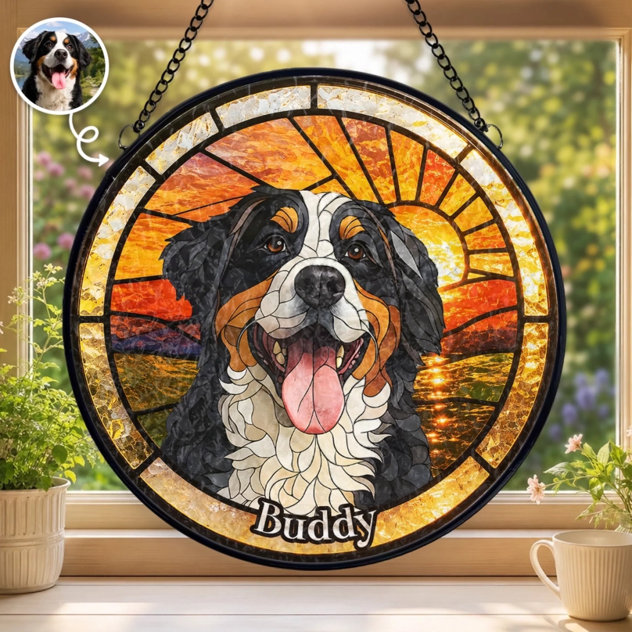Custom Photo Stained Glass Window Hanging Suncatcher, Personalized Gift for Dog and Cat Lovers