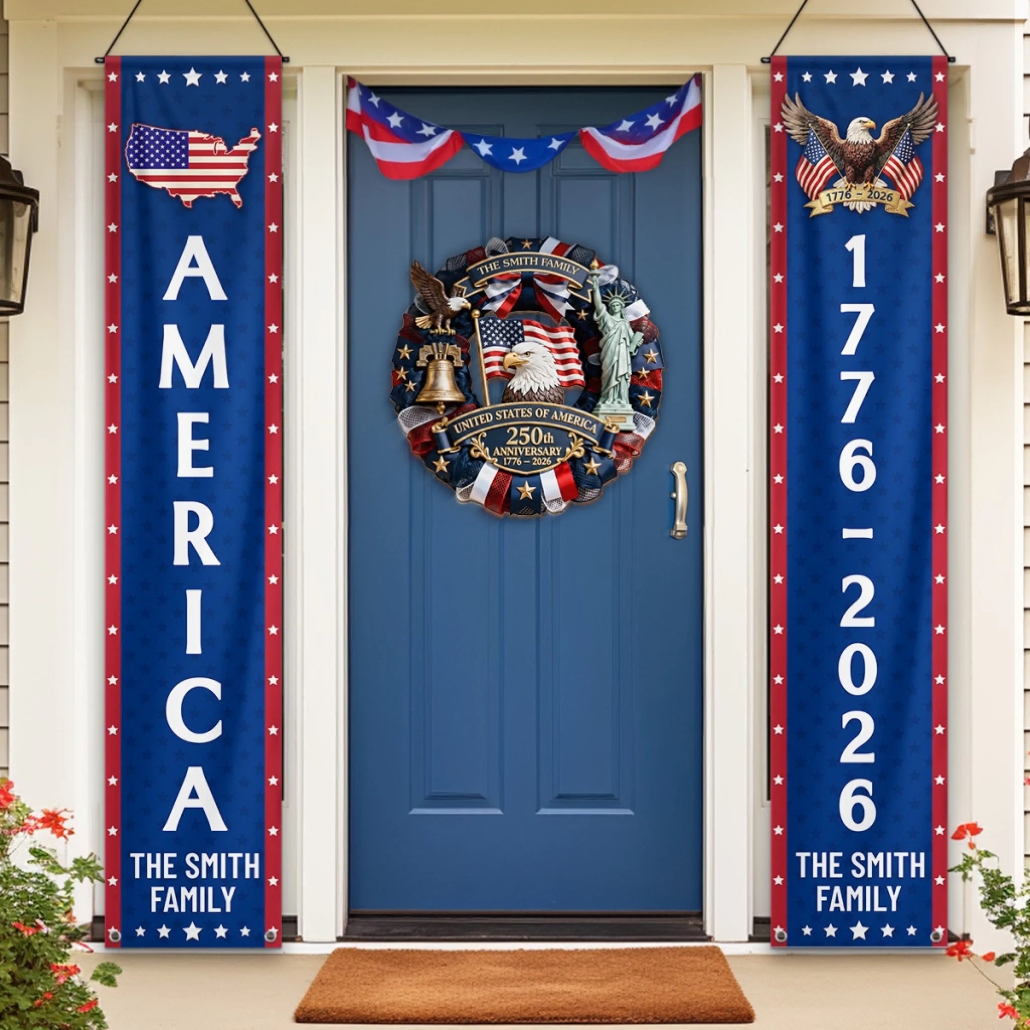 Custom Porch Banner Set, Personalized America 250th Anniversary Gift for Family, Freedom Never Fades