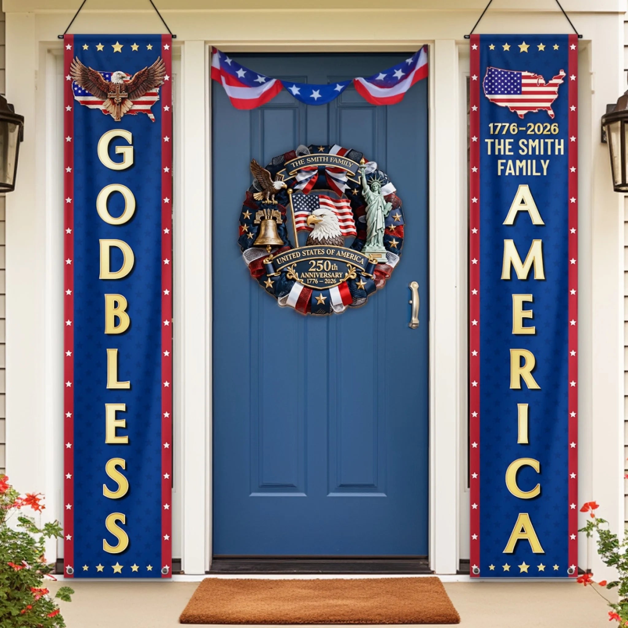Custom Porch Banner Set Personalized America 250th Anniversary Gift Stars Stripes and Freedom