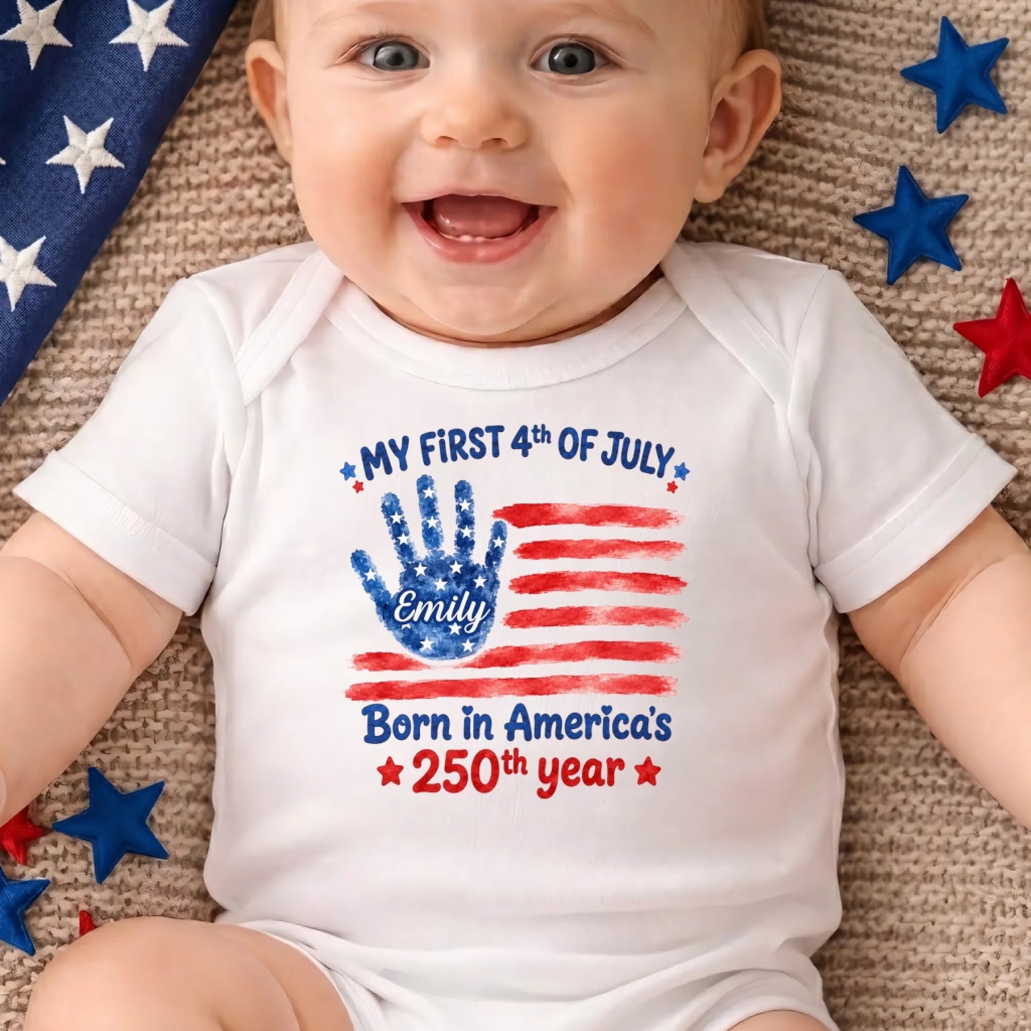 Custom Baby Onesie, Personalized My First 4th of July America 250 Baby Shower Gift