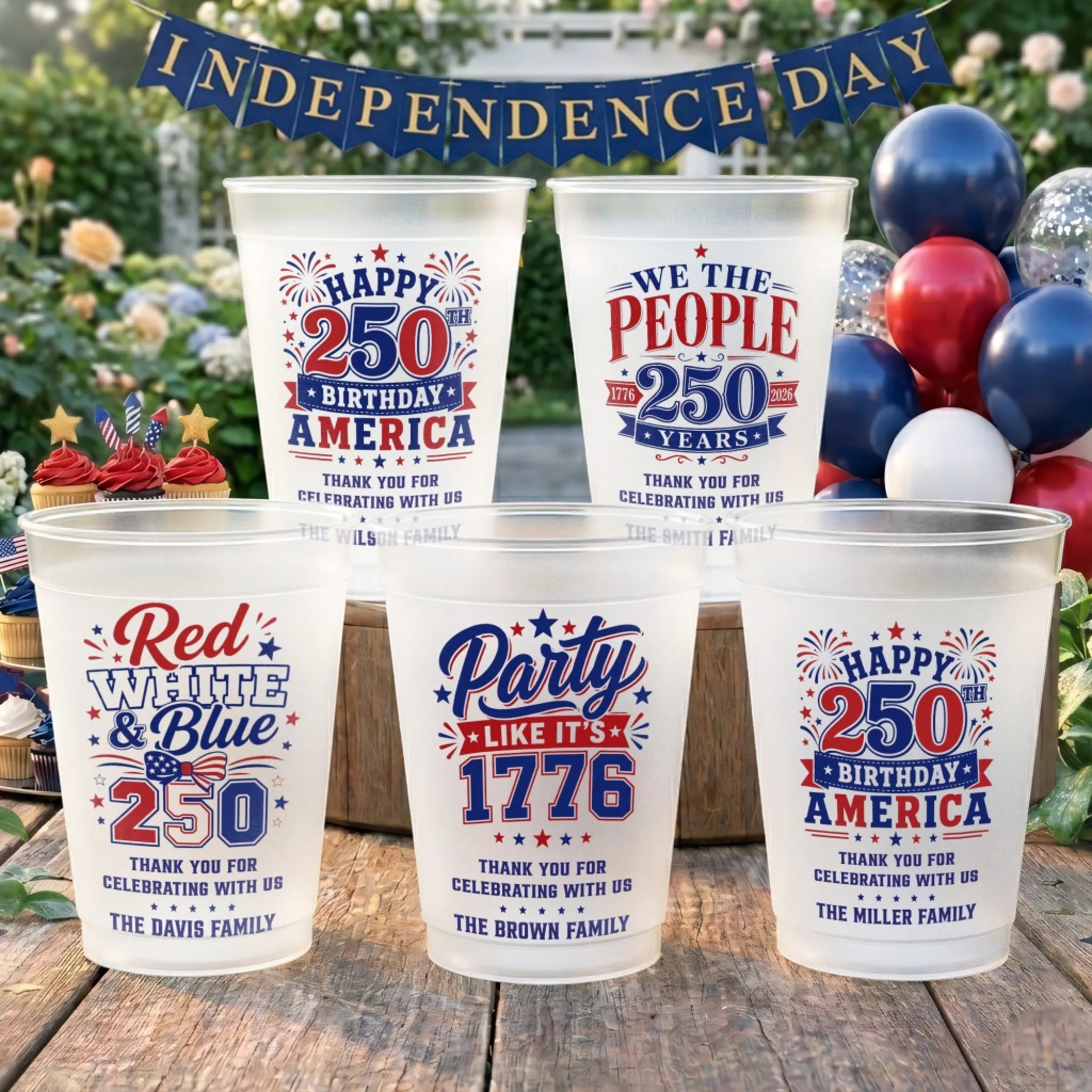 Custom Party Cups, Personalized America 250th Anniversary Gifts for Family - Proud Hearts Strong Nation