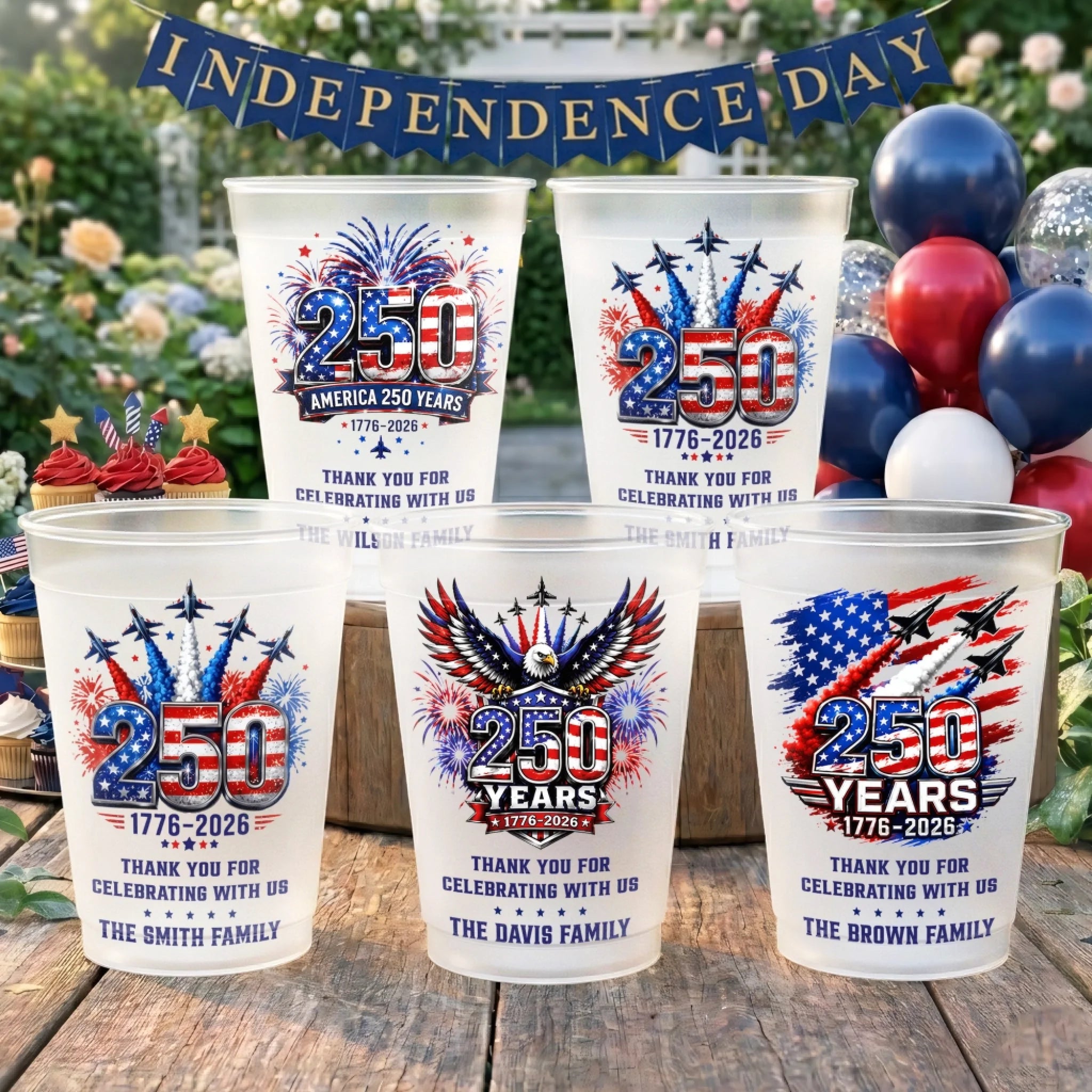 Personalized America 250th Anniversary Plastic Party Cups, Freedom Gift for Mom Dad & Family