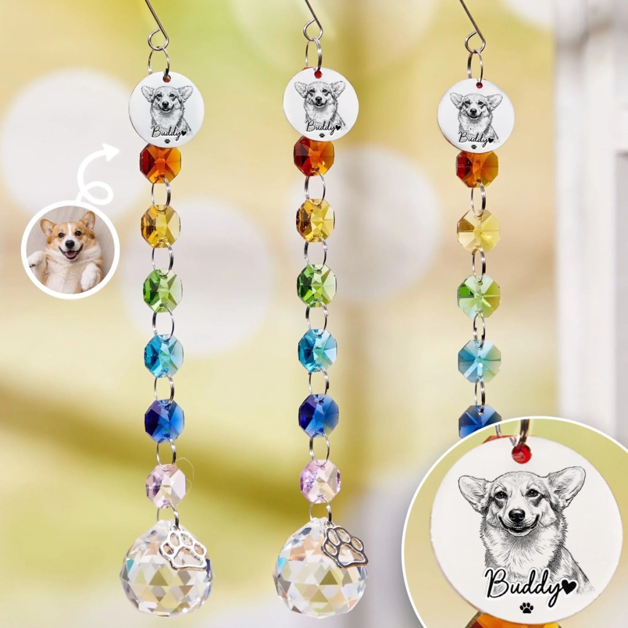 Custom Photo Crystal Suncatcher with Charm, Personalized Pet Memorial Gift for Dogs or Cats