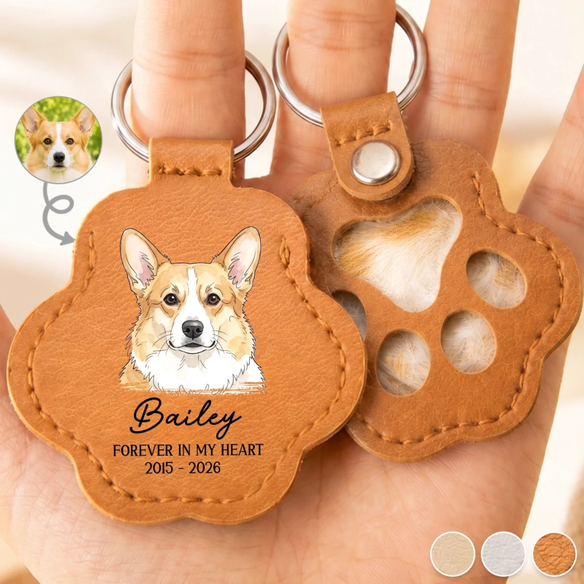 Custom Photo Leather Pet Hair Keychain, Personalized Pet Memorial Gift for Dogs & Cats