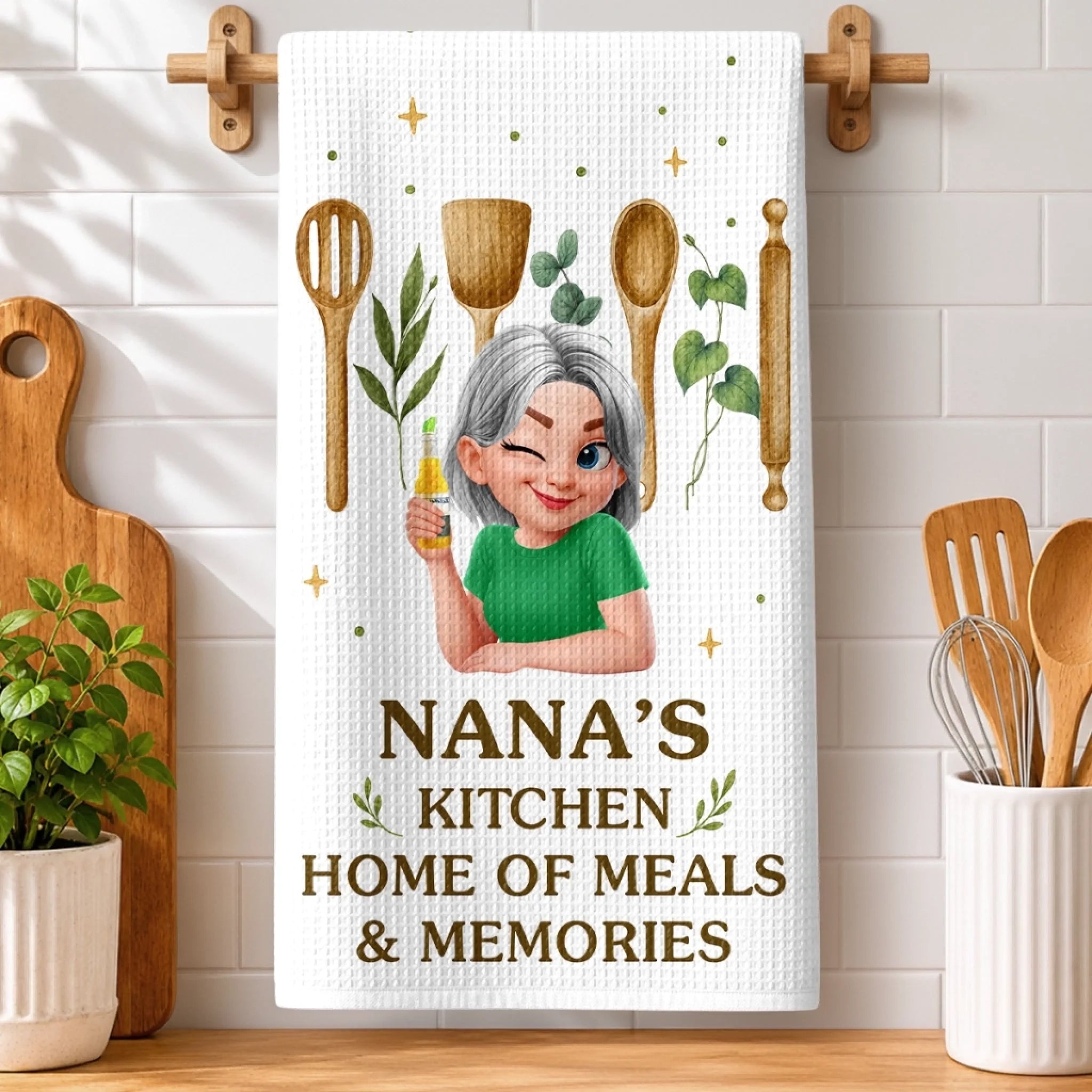 Custom Kitchen Towel Personalized Birthday Gift for Her Mom or Grandma Sweet Oasis Design