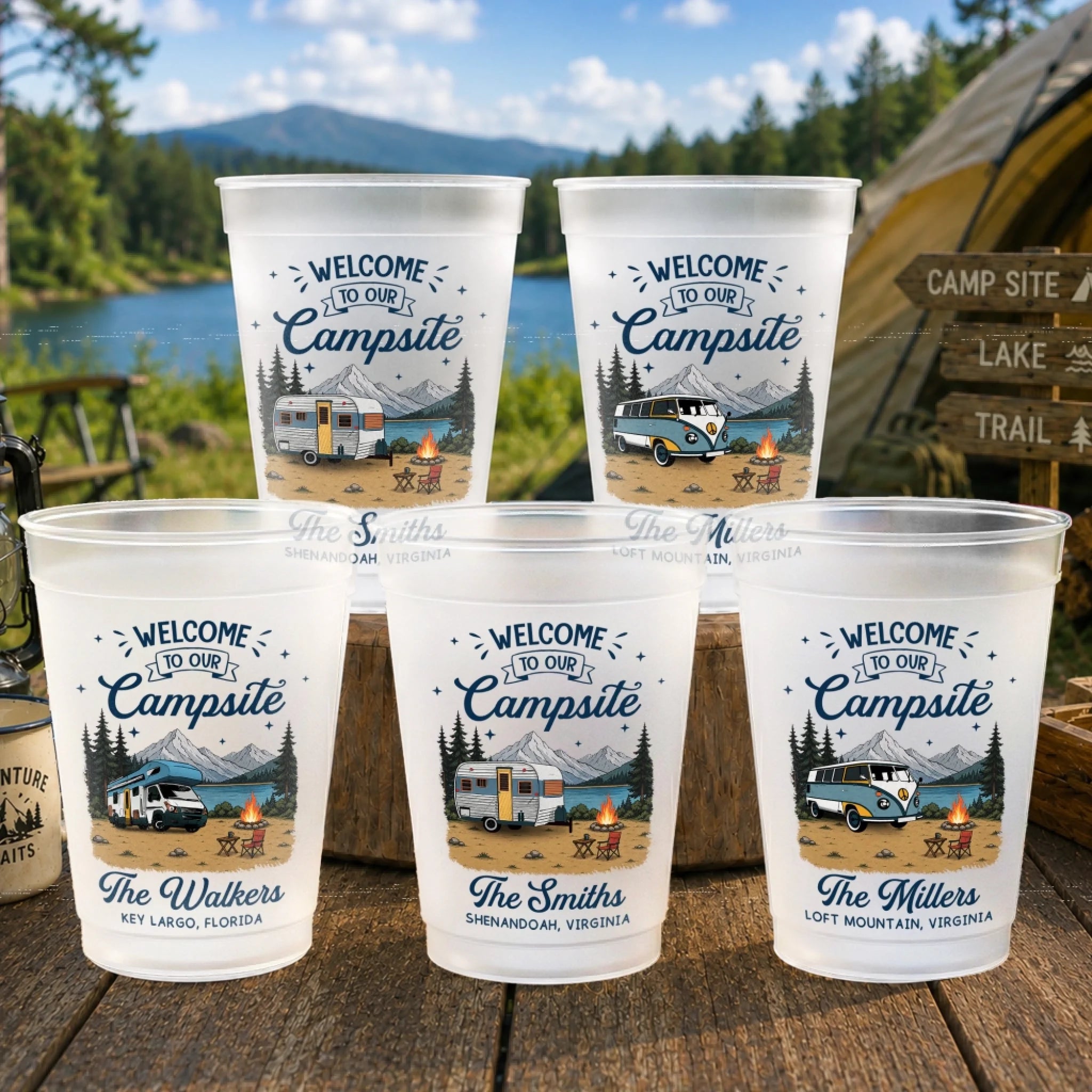 Custom Plastic Party Cups, Personalized Happy Camper Birthday Camping Gifts for Campers