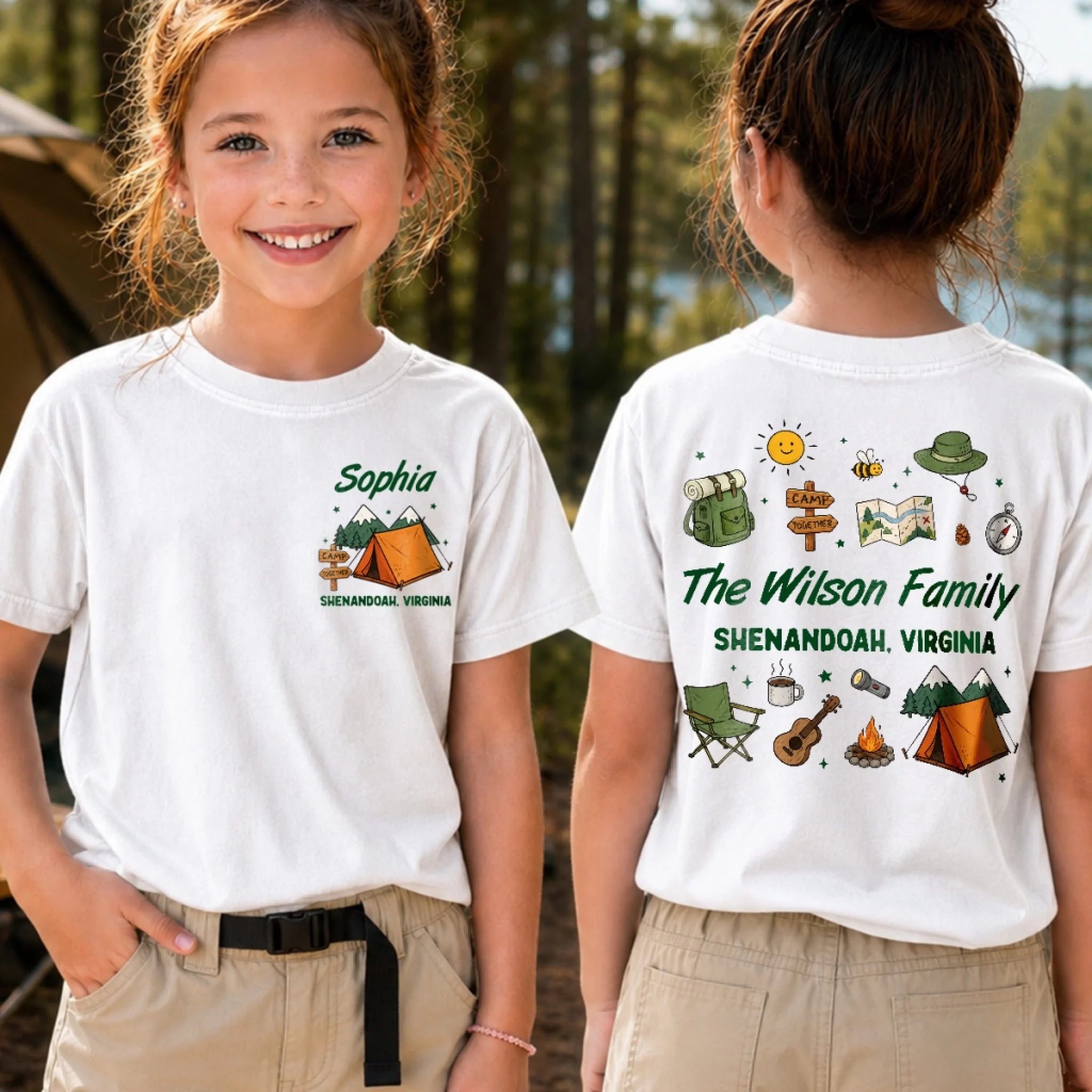 Custom Cousin Camp Youth Front Back T-Shirt, Personalized Camping Birthday Gift for Kids