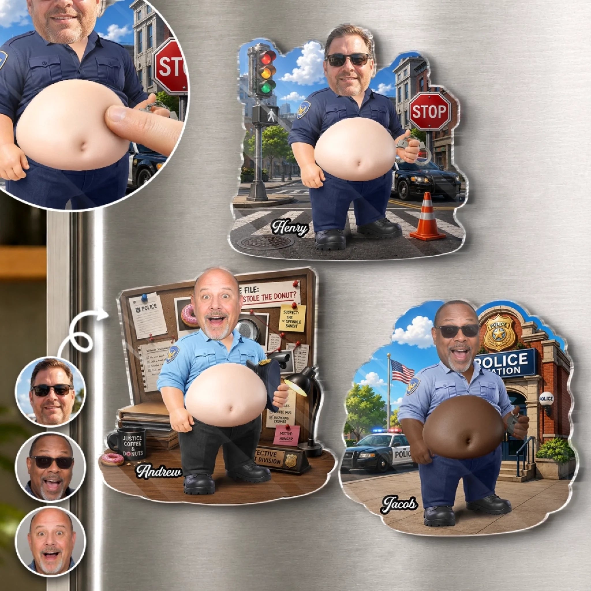 Custom Photo Dad Bod Belly Squishy Acrylic Fridge Magnet, Personalized Birthday Gift for Police Officer