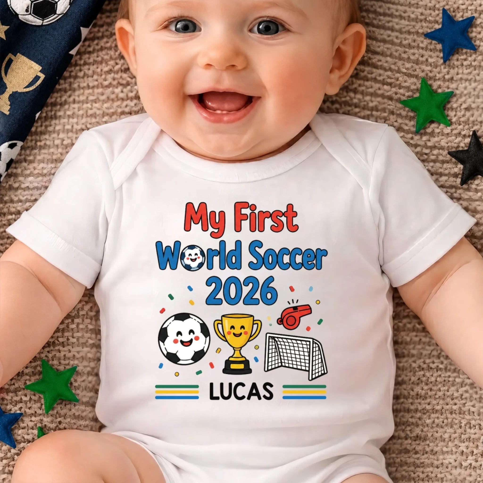 Custom World Football Baby Onesie Personalized Gold Cup First Win Gift for New Parents