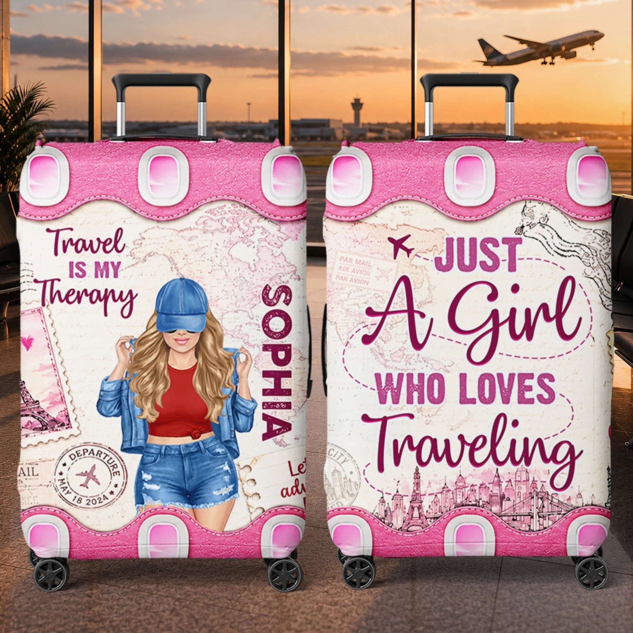 Custom Luggage Cover, Personalized Adventure Awaits Travel Gift for Women, Besties, Sisters and BFFs