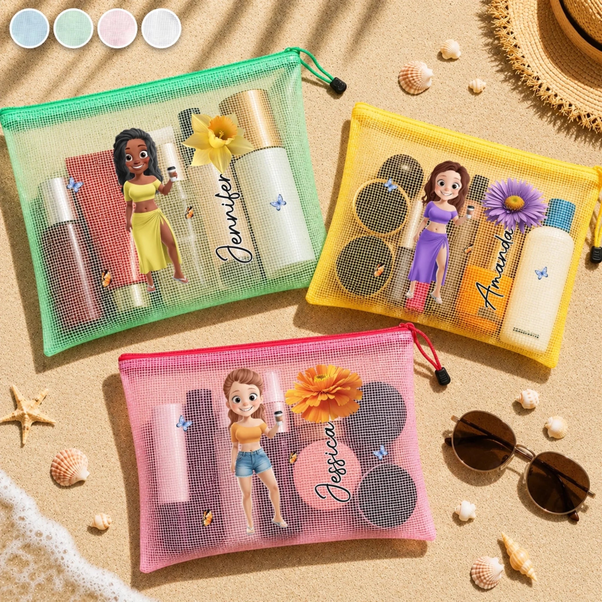 Custom Sandproof Mesh Beach Pouch Personalized Summer Travel Gift for Women Besties and Sisters