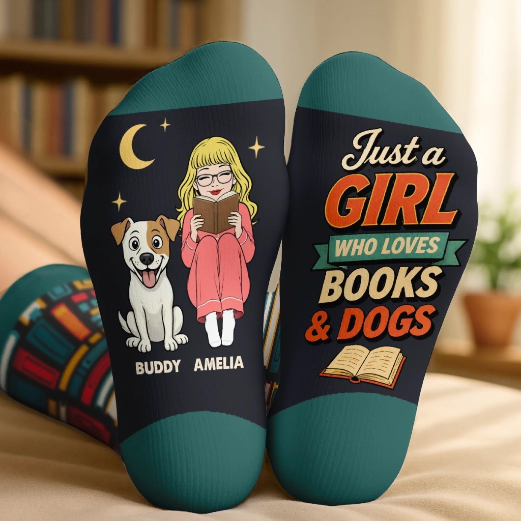Custom Crew Socks Personalized Lost In A Good Book Gift for Book Lovers Readers and Dog Moms
