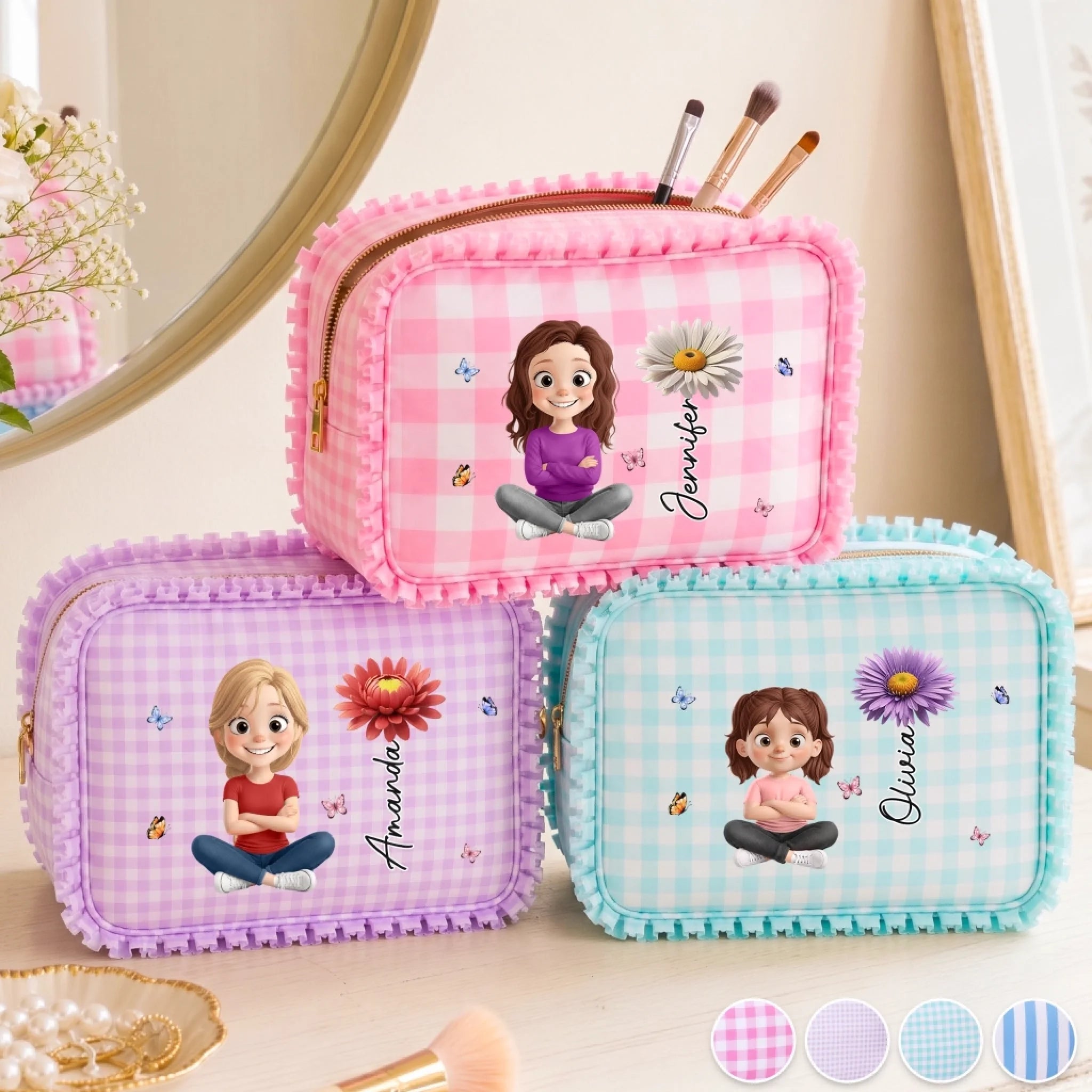 Custom Ruffle Makeup Bag, Personalized Birthday Gift for Best Friends, Sisters, BFFs and Women