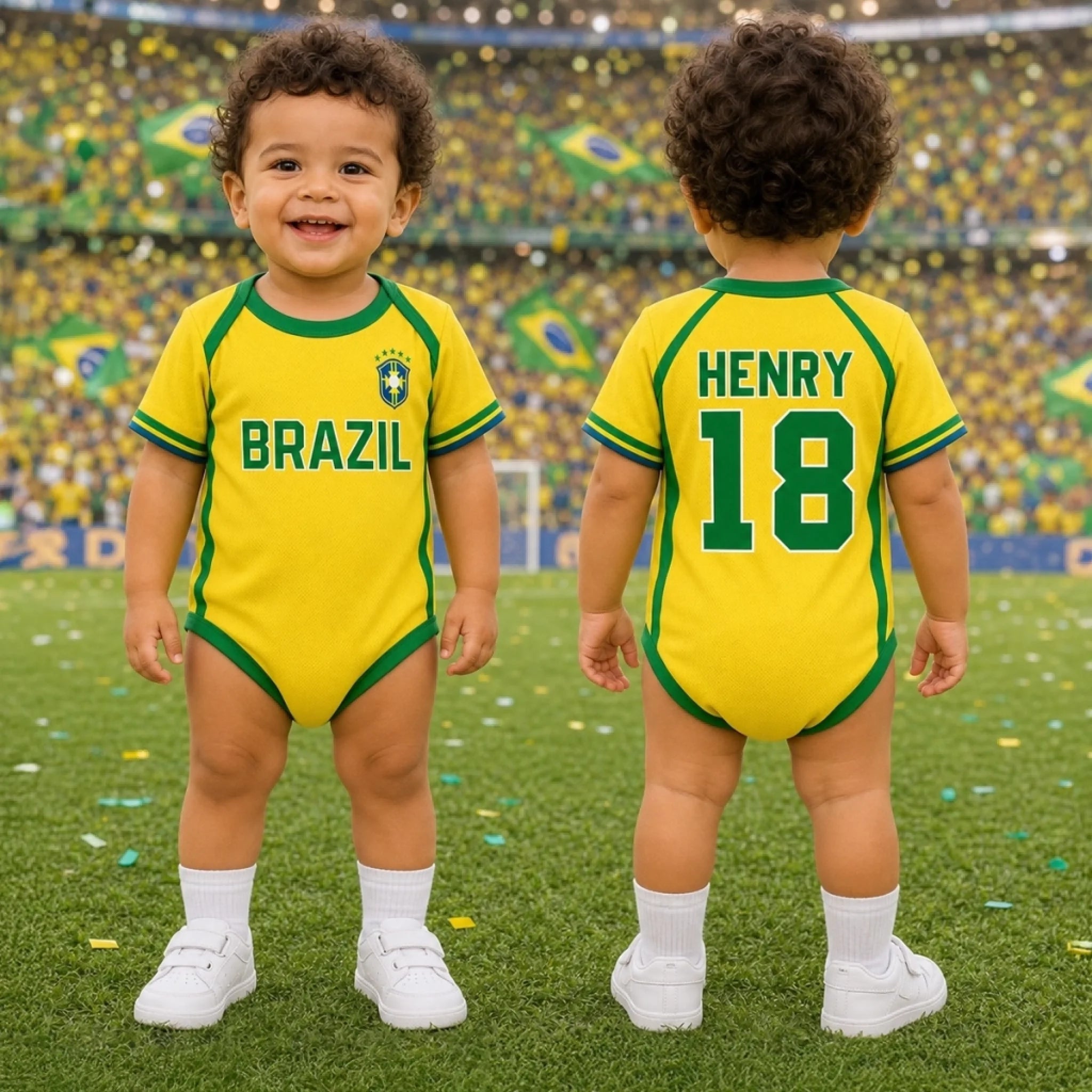 Custom Brazil Football Baby Jersey Bodysuit, Personalized First Soccer Jersey Gift for New Parents