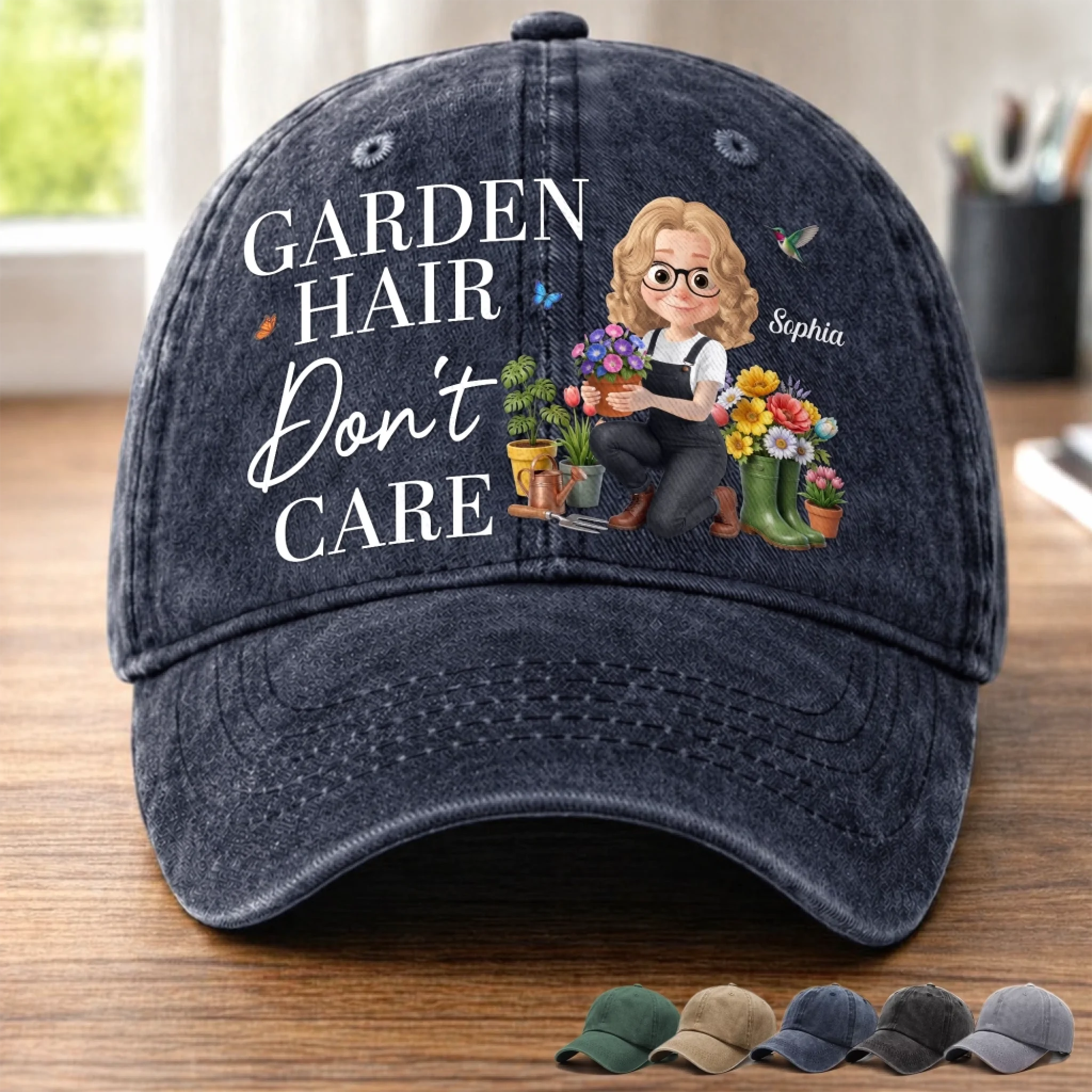 Custom Washed Cotton Cap, Personalized Birthday Garden Gift for Gardeners, Garden Hair Don’t Care