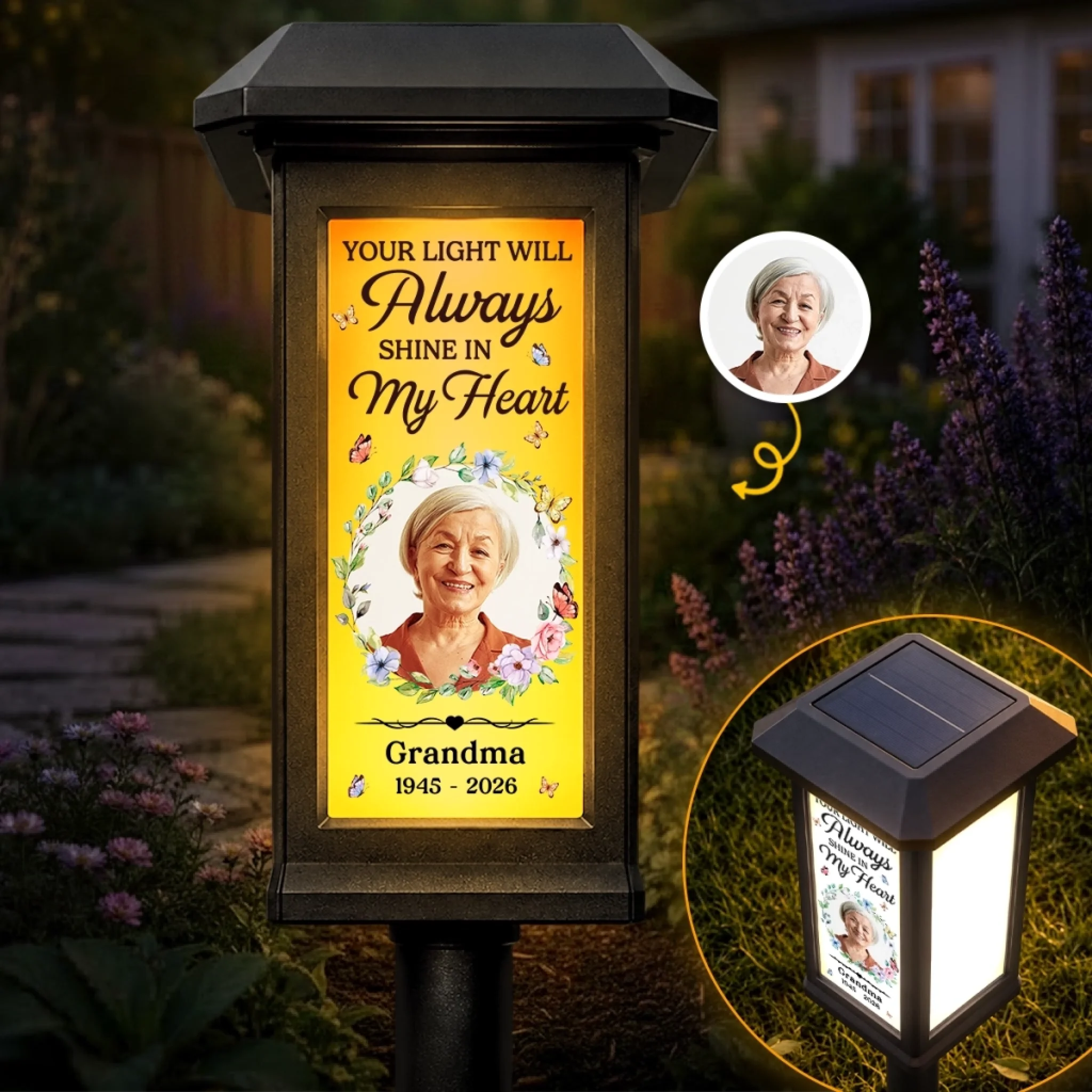 Custom Photo Solar Garden Light, Personalized Memorial Sympathy Gift for Loss of Mom or Dad