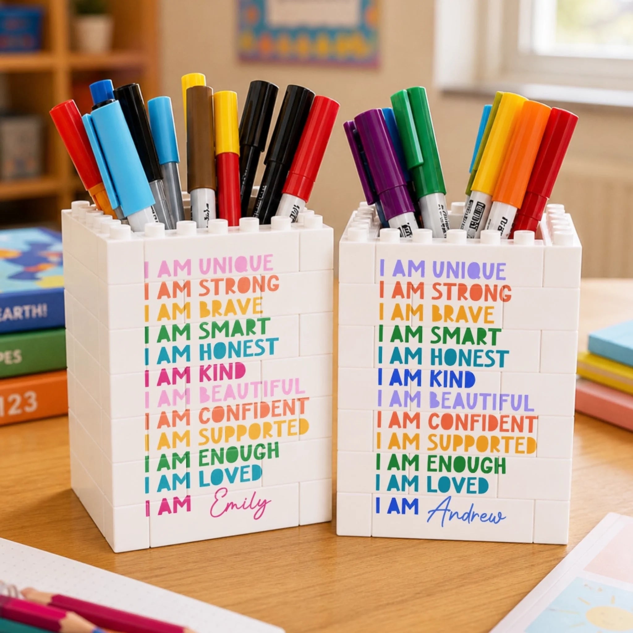 Personalized Kids Brick-Style Pen Holder, Custom Back to School Desk Organizer Gift