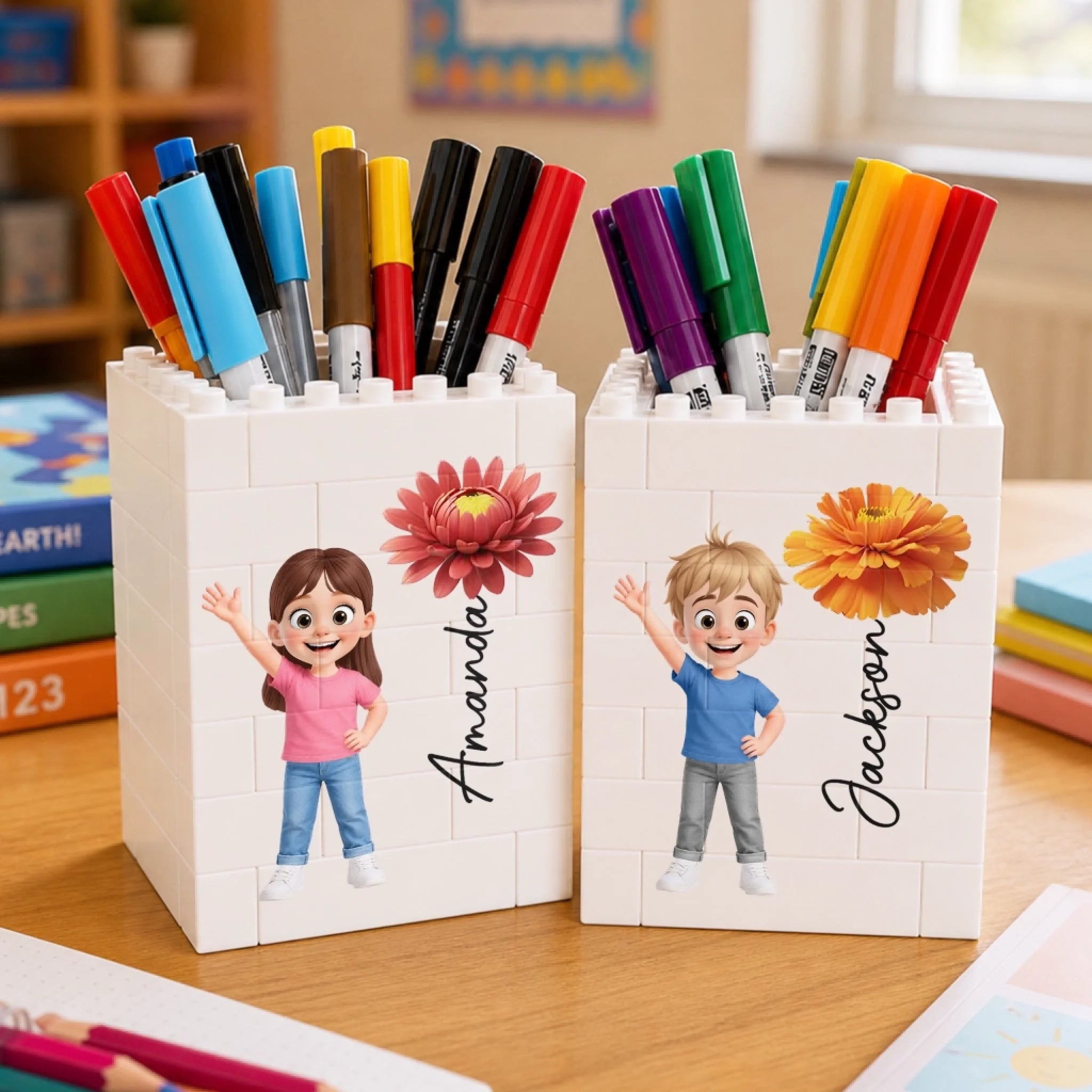 Personalized Kids Brick-Style Pen Holder, Custom Back to School Desk Organizer Gift