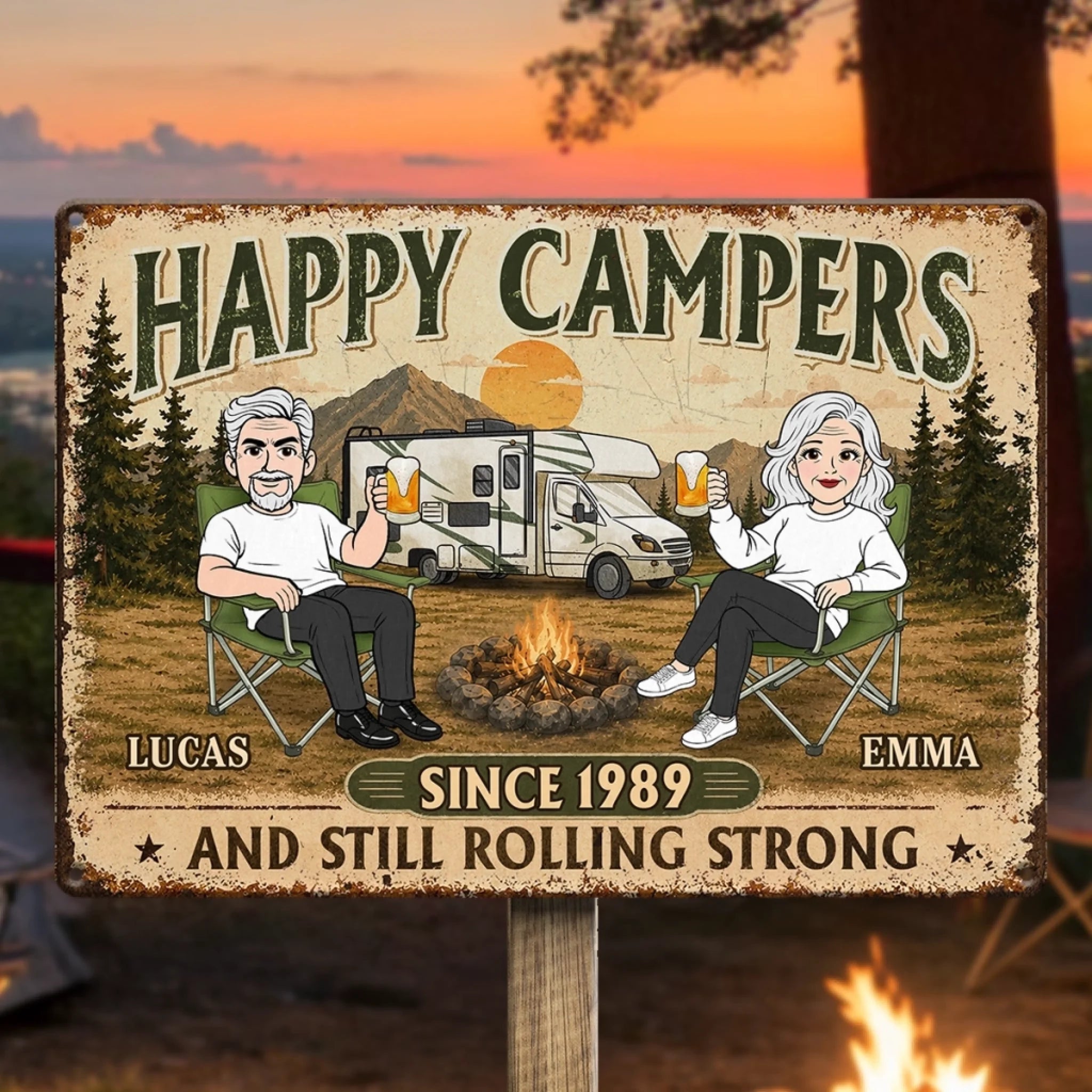 Custom Home Decor Metal Sign Personalized Anniversary Wedding Gift for Campers Still Rolling Strong