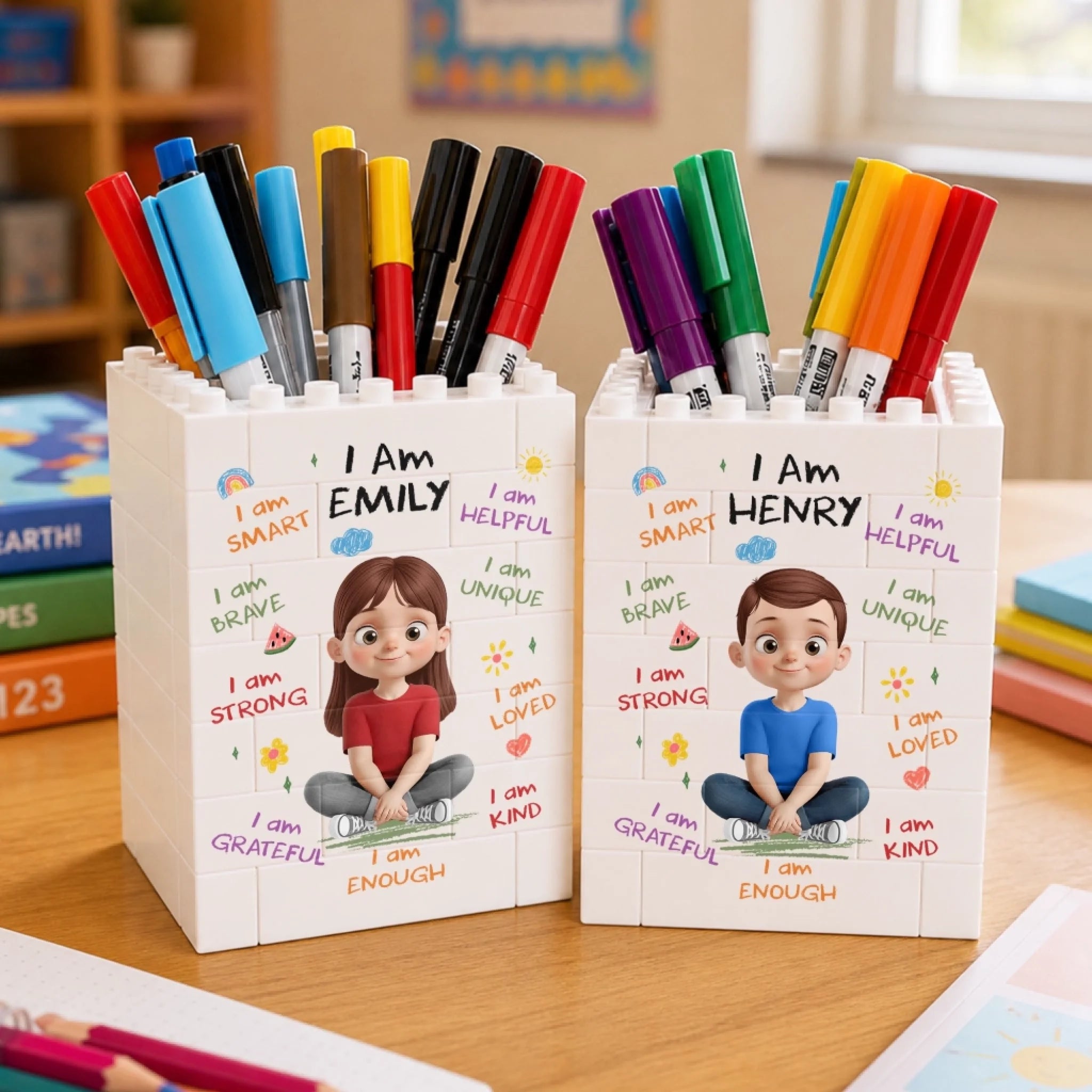 Custom Kids Brick-Style Pen Holder, Personalized Back to School Desk Gift for Learning