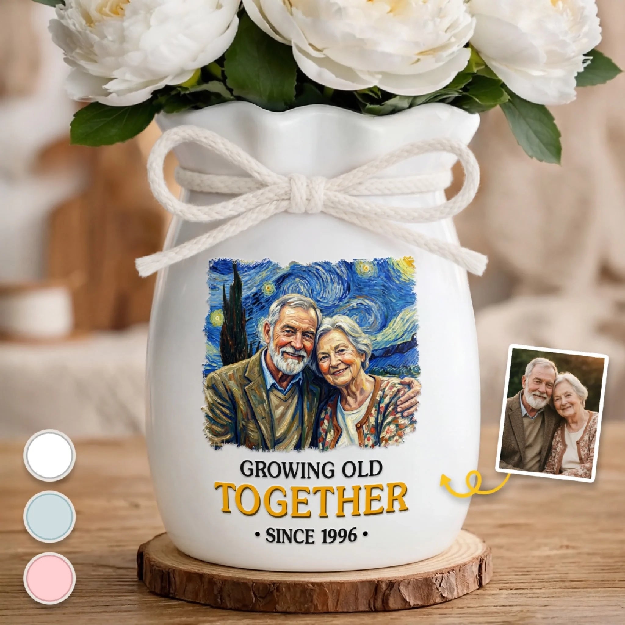 Custom Photo Ceramic Flower Vase With Ribbon Personalized Anniversary Wedding Gift for Couples