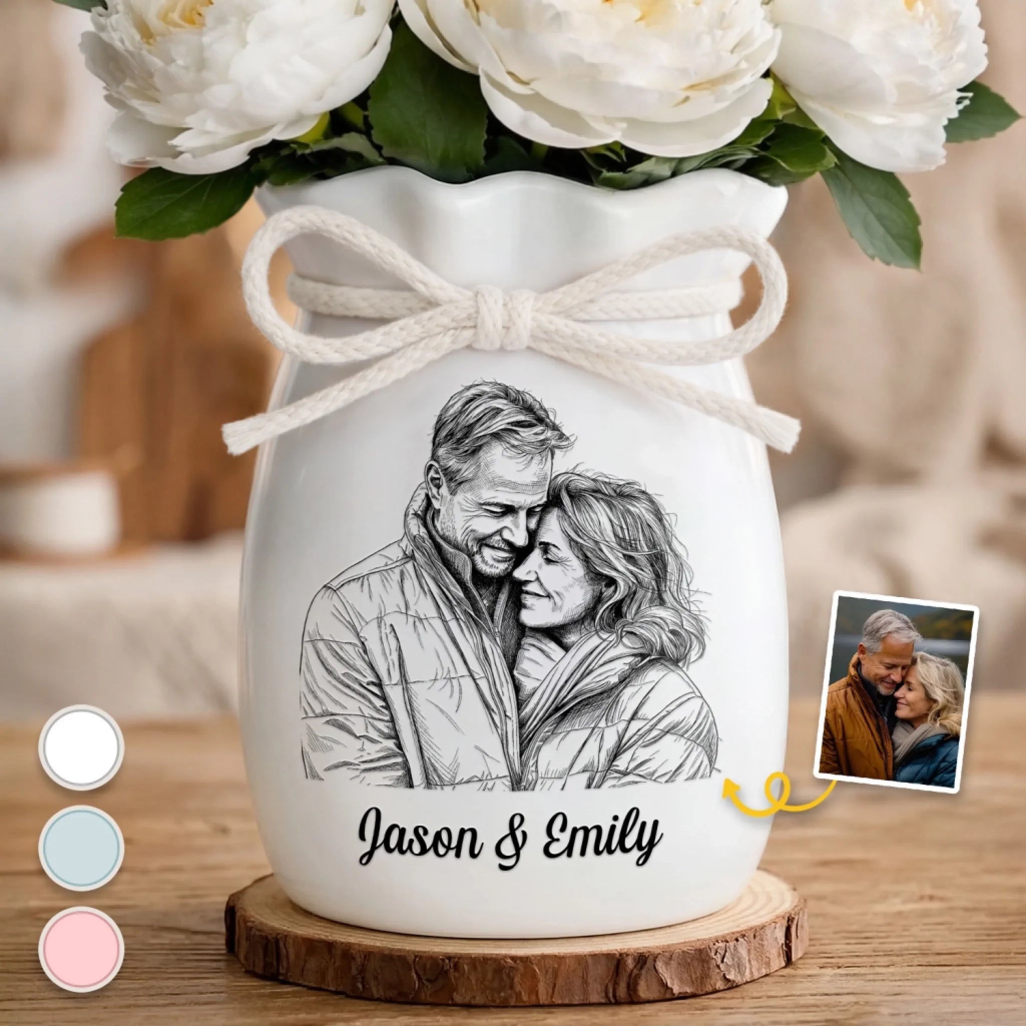 Custom Photo Ceramic Flower Vase with Ribbon, Personalized Anniversary Wedding Gift for Couples