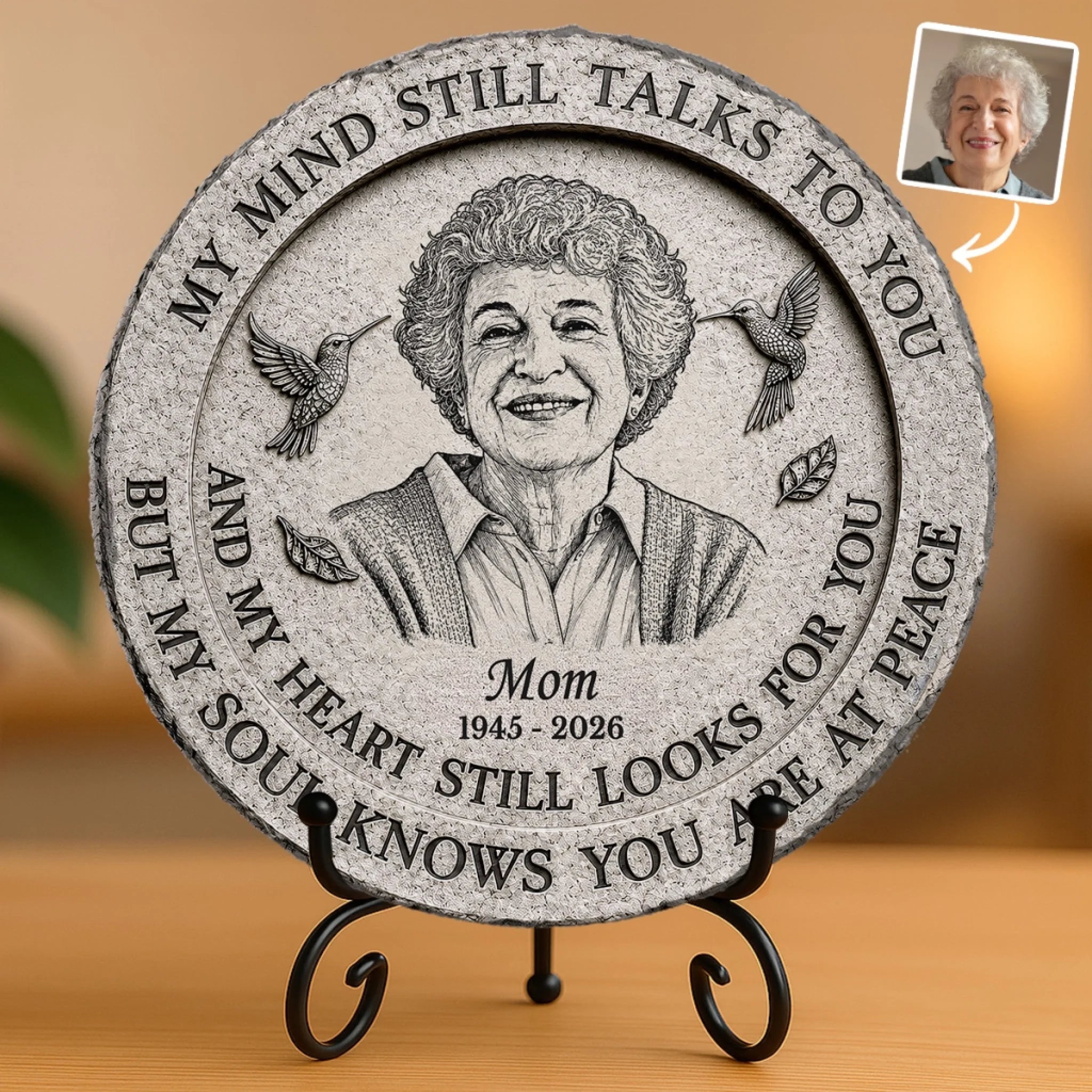 Custom Photo Round Stone With Stand, Personalized Memorial Sympathy Gift for Loss of Mom or Dad