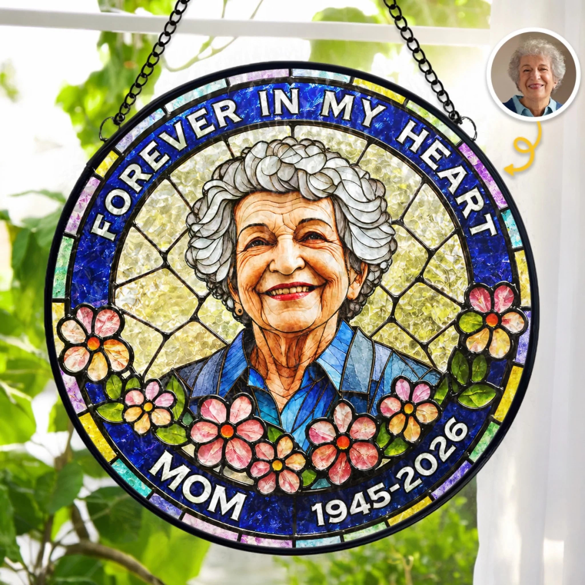 Custom Photo Stained Glass Suncatcher, Personalized Memorial Sympathy Gift for Loss of Mom or Dad