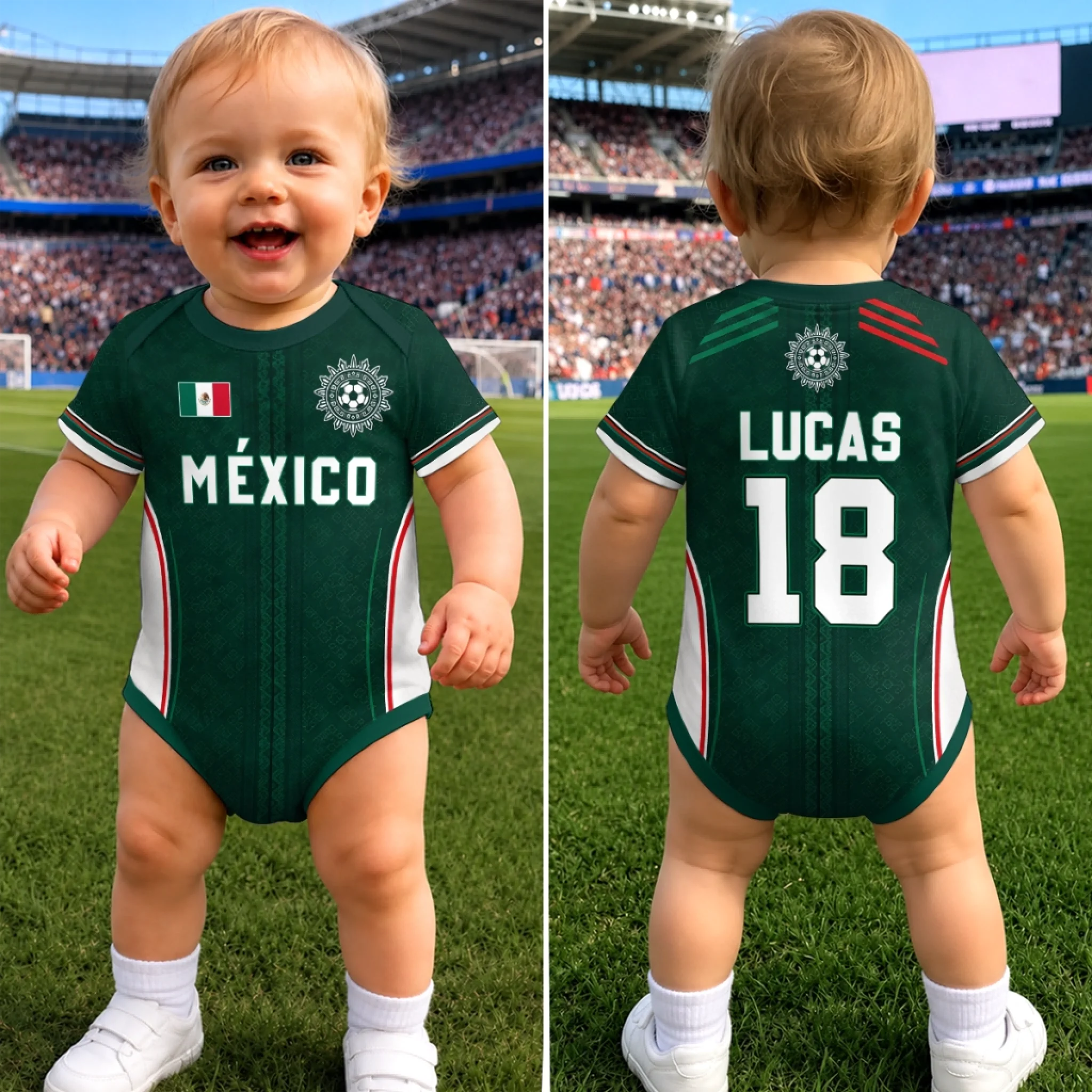 Custom Mexico World Football Baby Jersey Bodysuit, Personalized Baby Shower Gift for Football Lovers