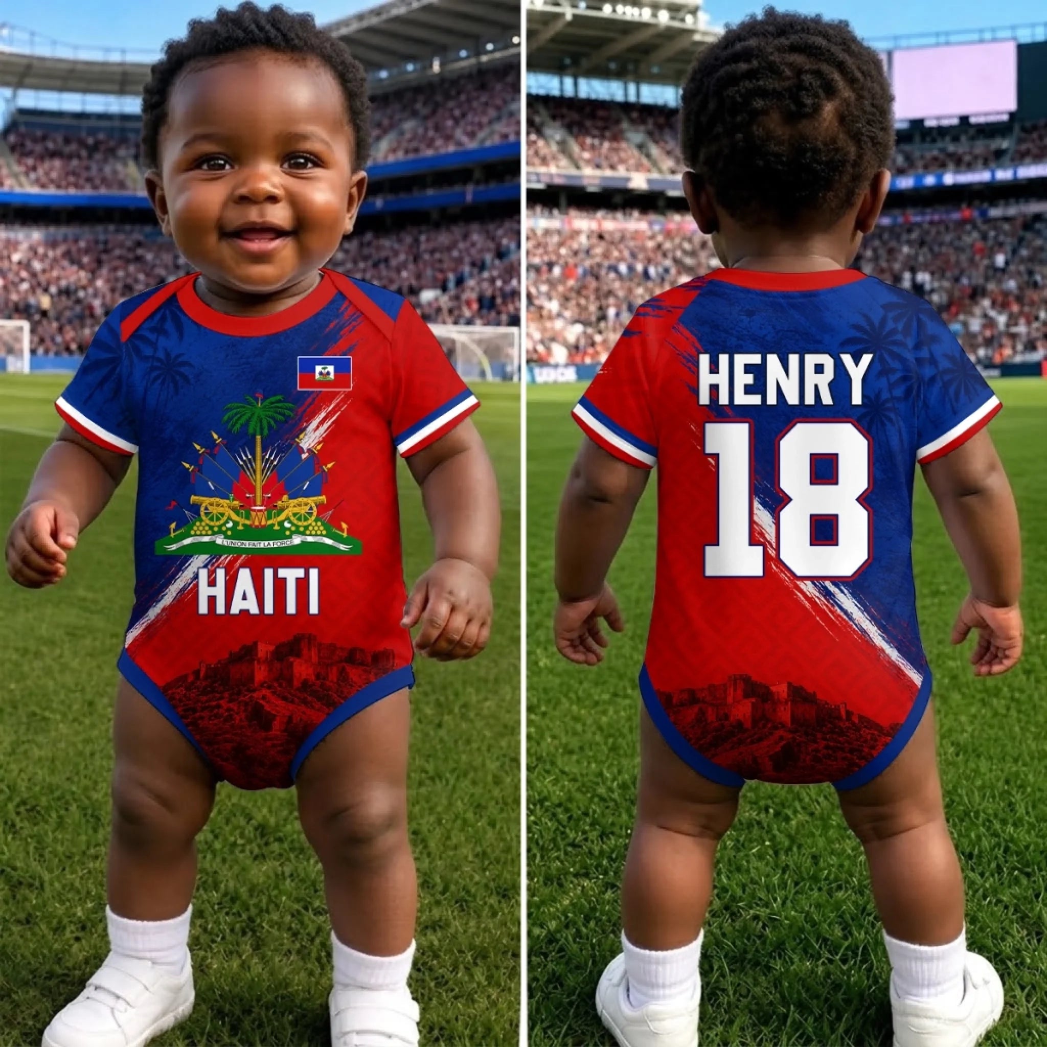 Custom Haiti World Football Baby Jersey Bodysuit, Personalized Baby Shower Gift for Football Fans