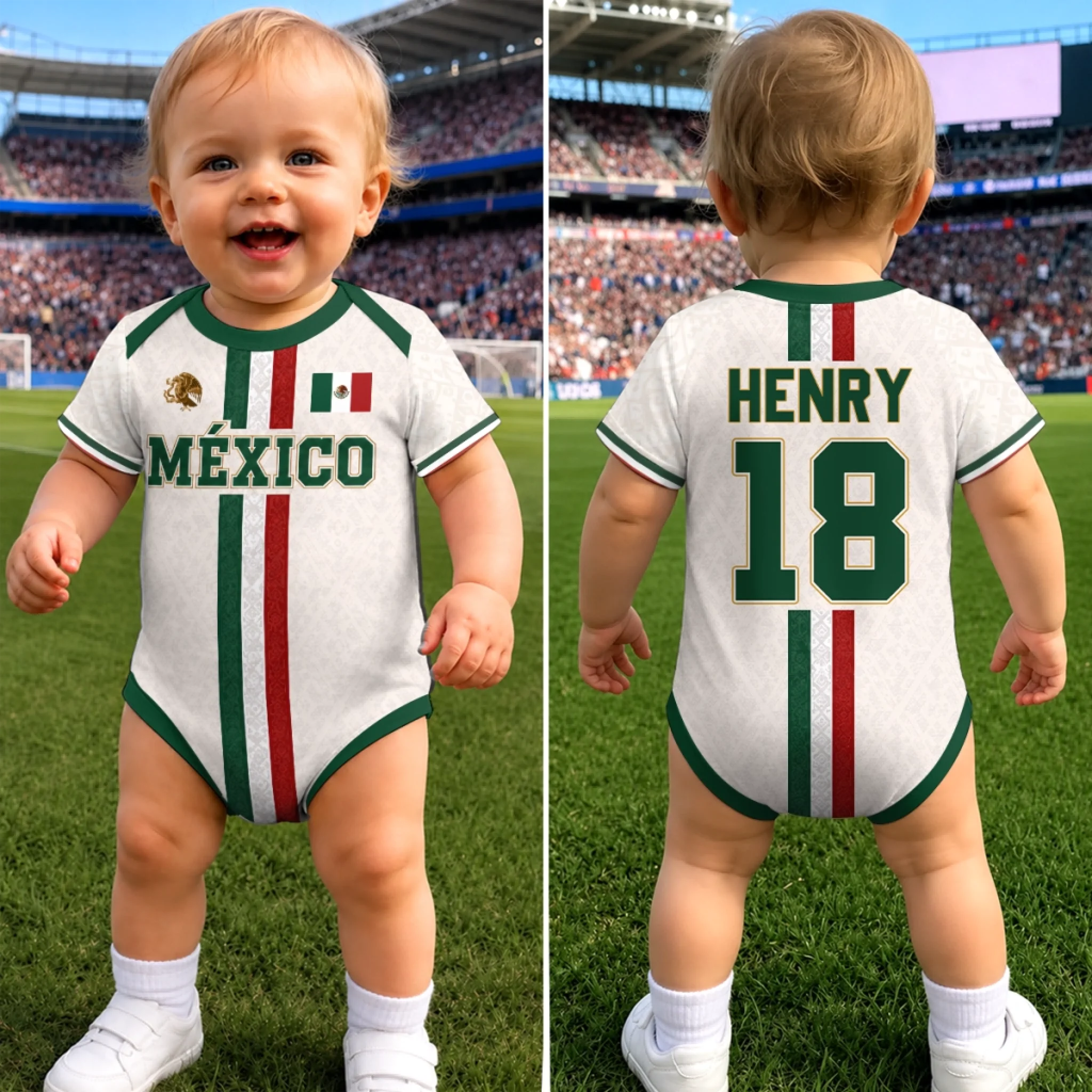 Custom Mexico World Football Baby Jersey Bodysuit, Personalized Baby Shower Gift for Football Fans