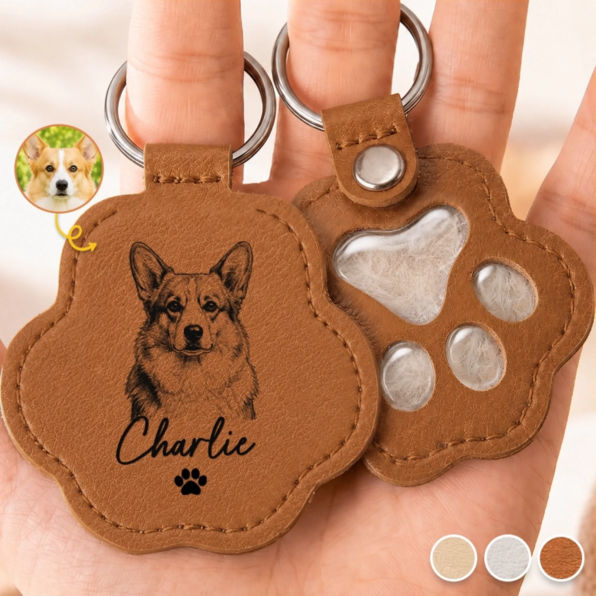 Custom Photo Leather Pet Hair Keychain, Personalized Dog Cat Memorial Gift Always In My Heart