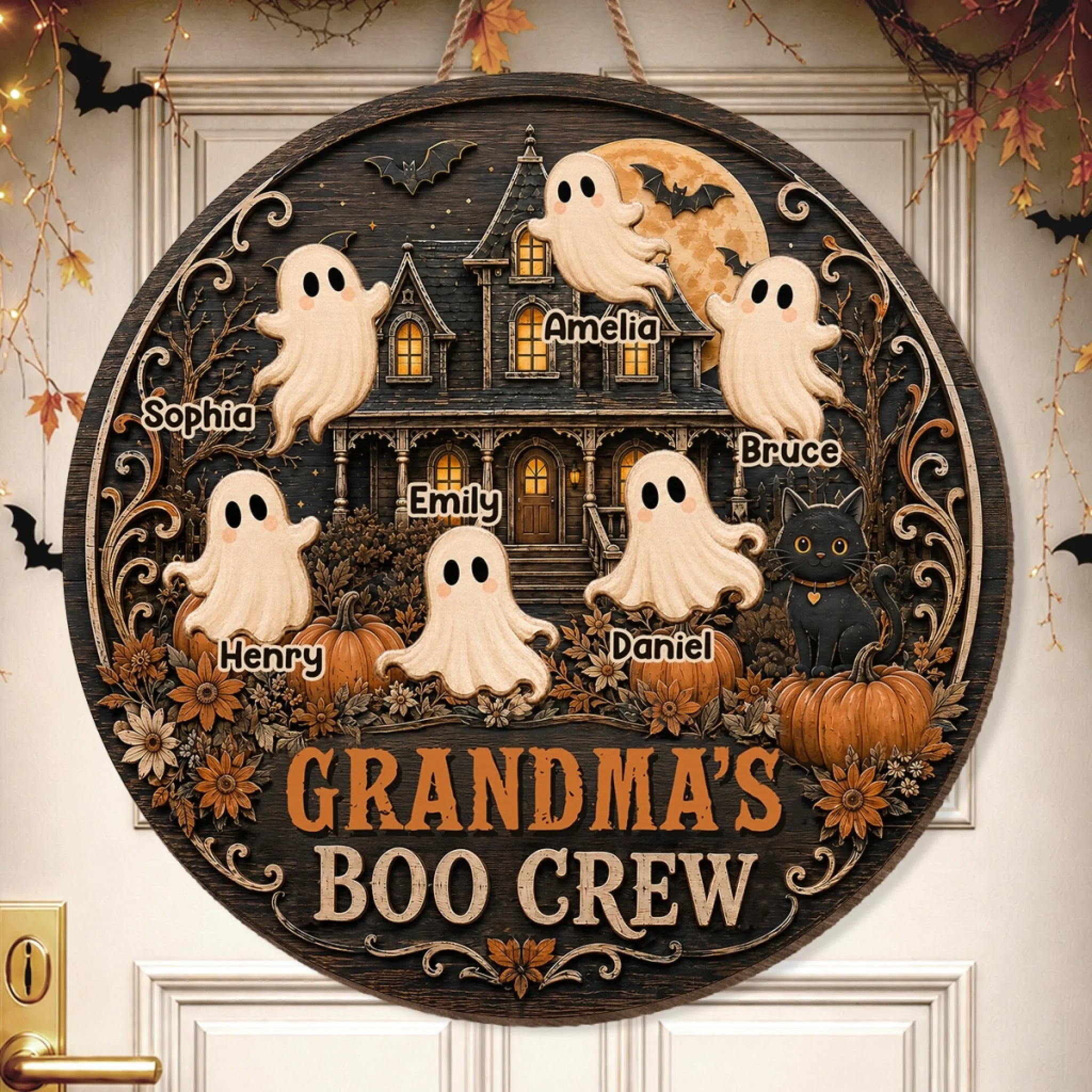 Personalized Halloween Wood Sign, Haunted House Full of Love Custom Birthday Gift for Mom or Grandma