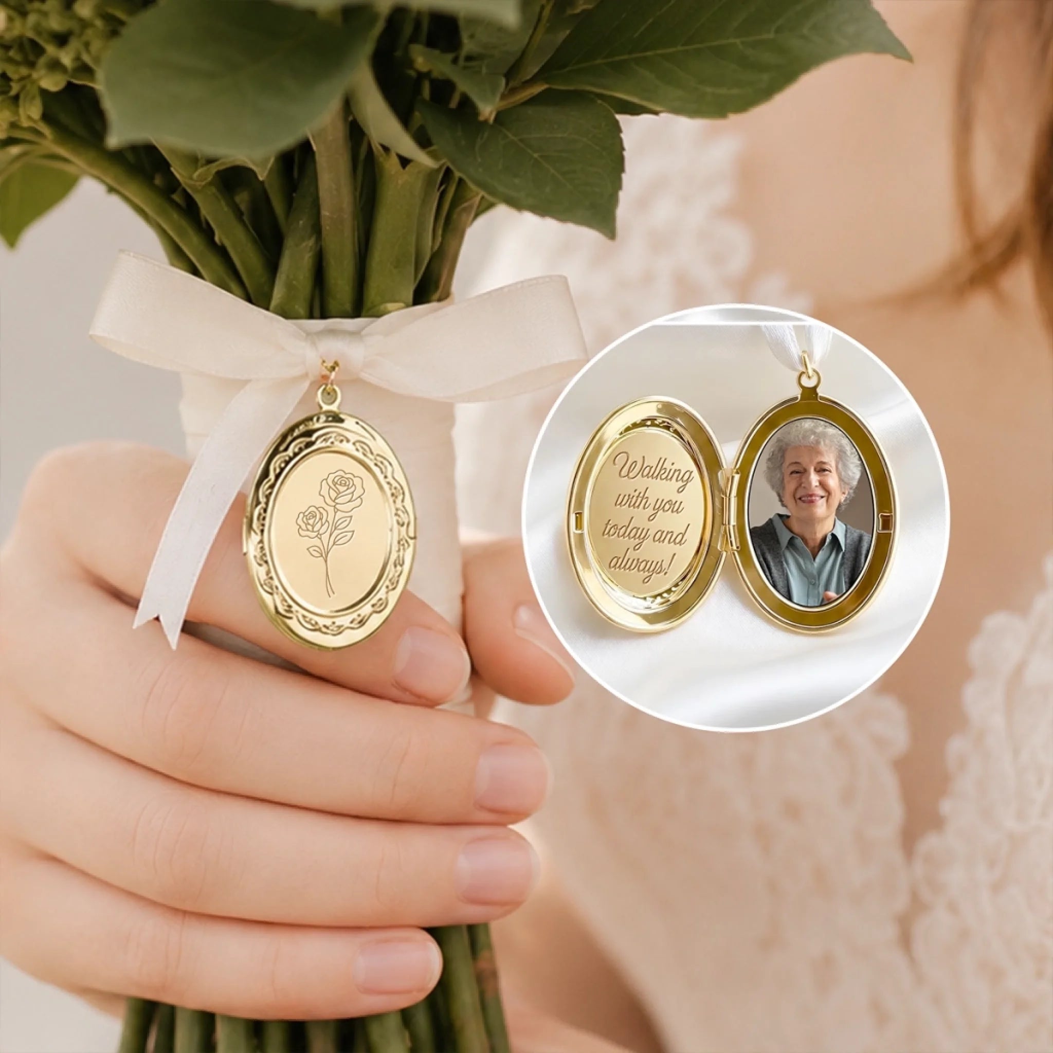Custom Photo Locket Bouquet Charm, Personalized Memorial Sympathy Gift for Bride