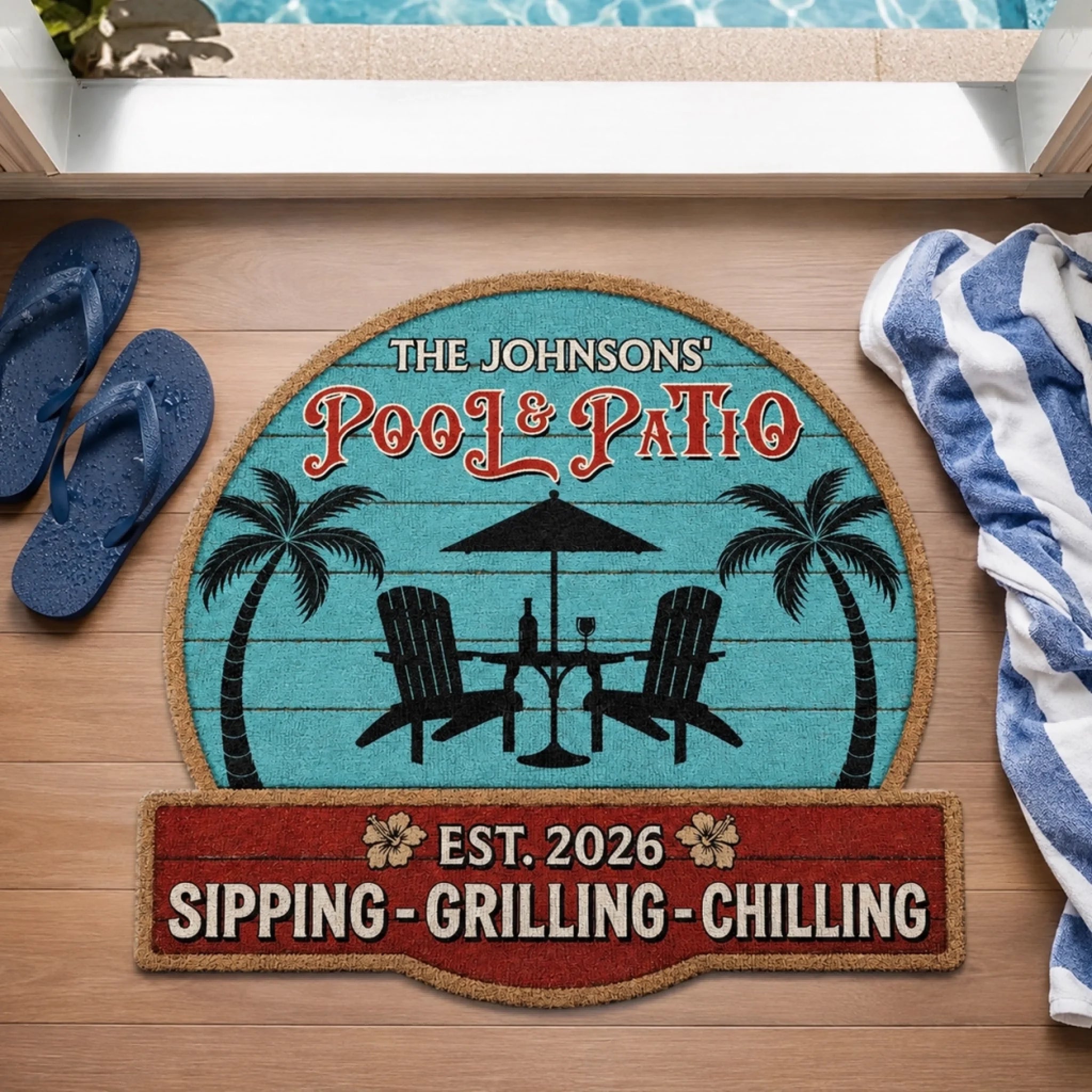 Custom Poolside Shaped Doormat Personalized Summer Vacation Gift for Husband and Wife Patio Decor
